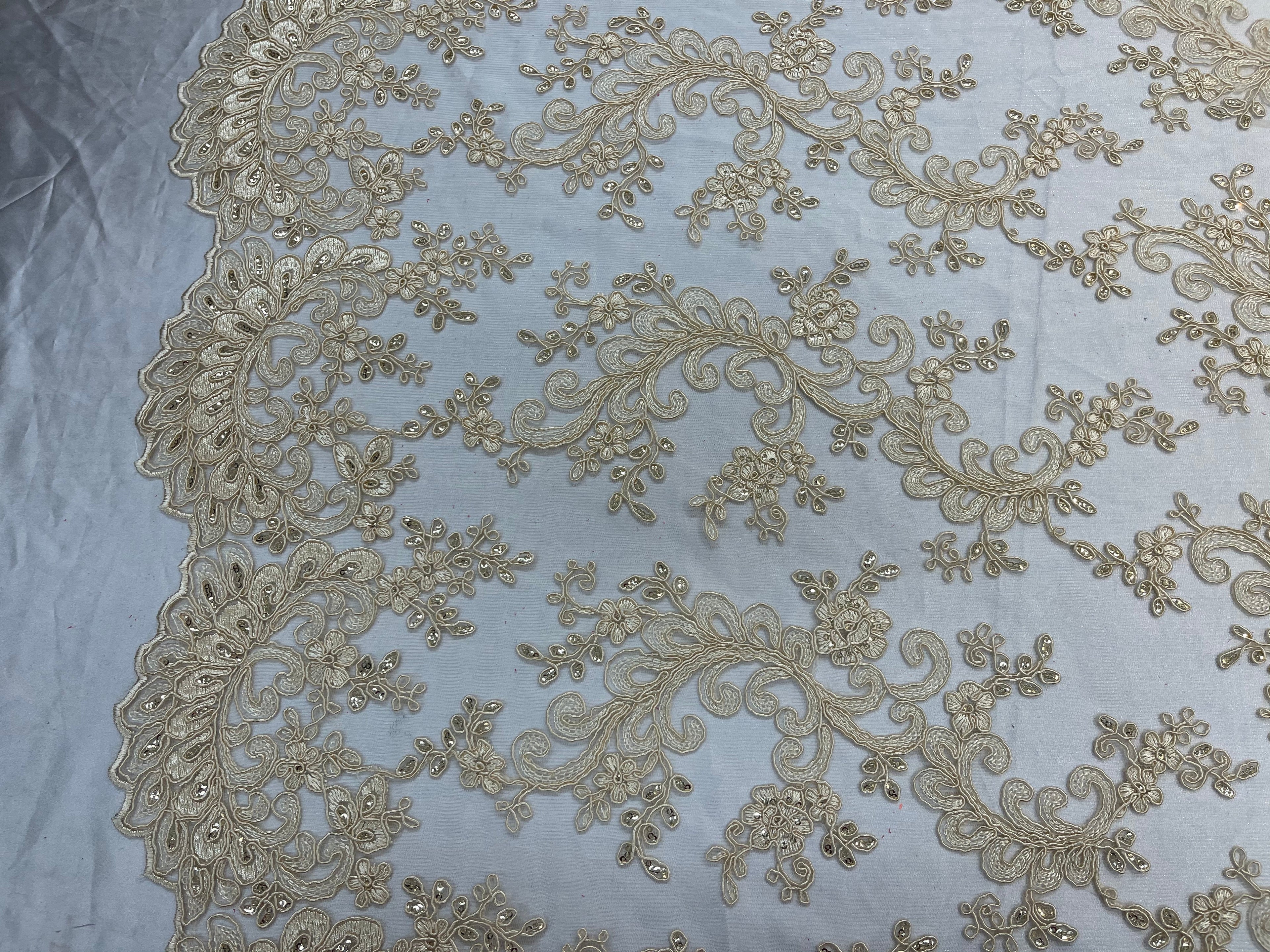 Lace Sequins Fabric - Light Beige - Corded Flower Embroidery Design Mesh Fabric By The Yard