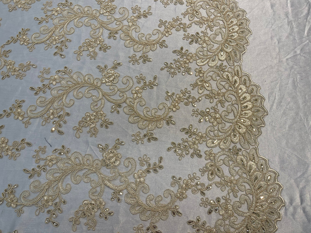 Lace Sequins Fabric - Light Beige - Corded Flower Embroidery Design Mesh Fabric By The Yard
