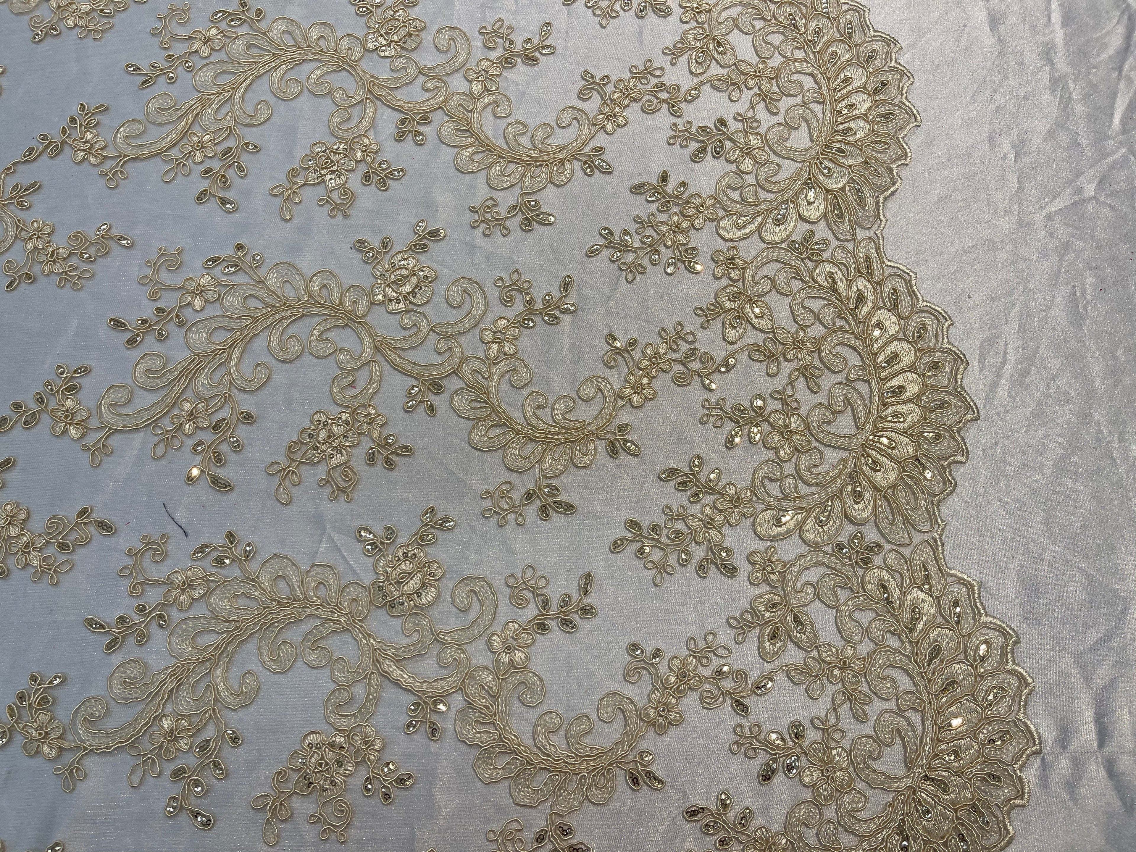 Lace Sequins Fabric - Light Beige - Corded Flower Embroidery Design Mesh Fabric By The Yard