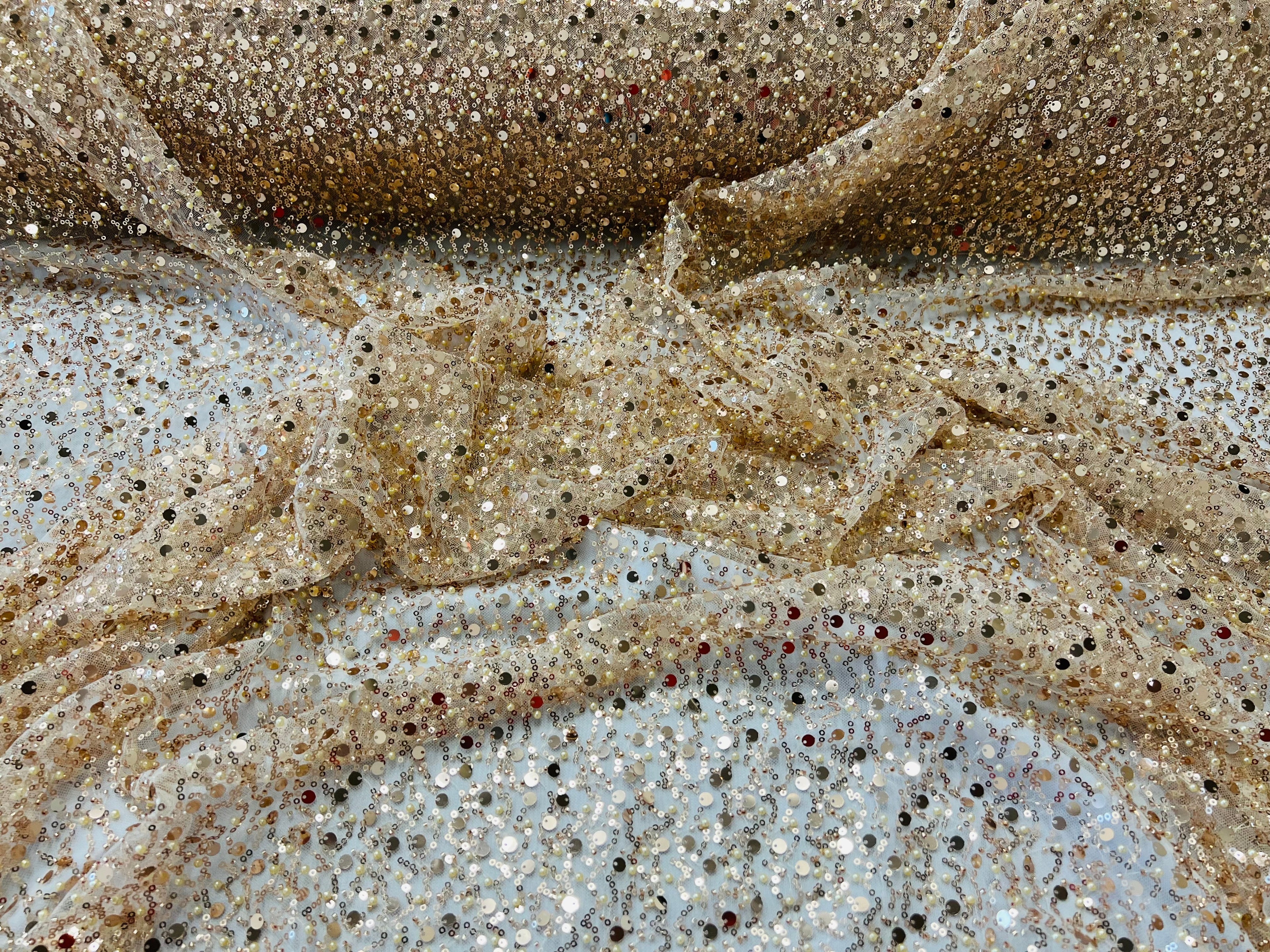 Beaded Mesh Fabric - Champagne - Embroidered Beaded Wedding Bridal Fabric By The Yard