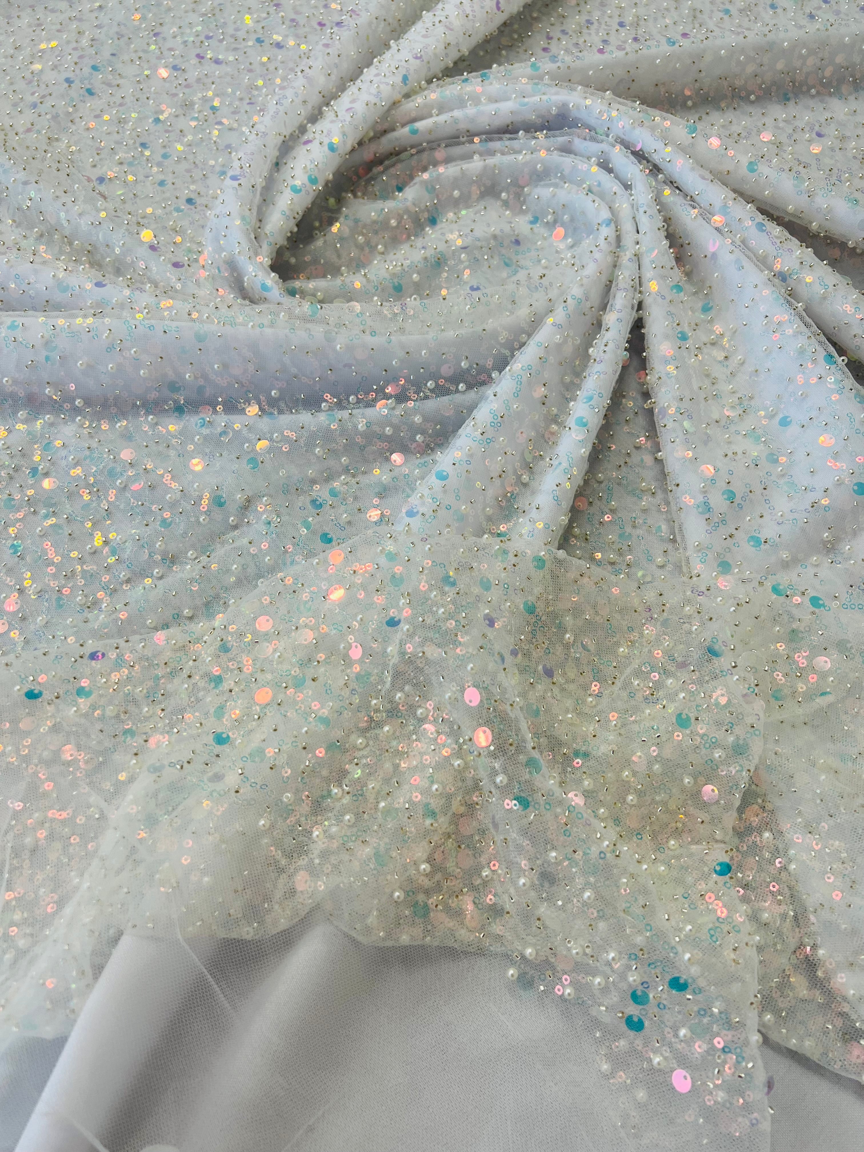 Beaded Mesh Fabric - White - Embroidered Beaded Wedding Bridal Fabric By The Yard