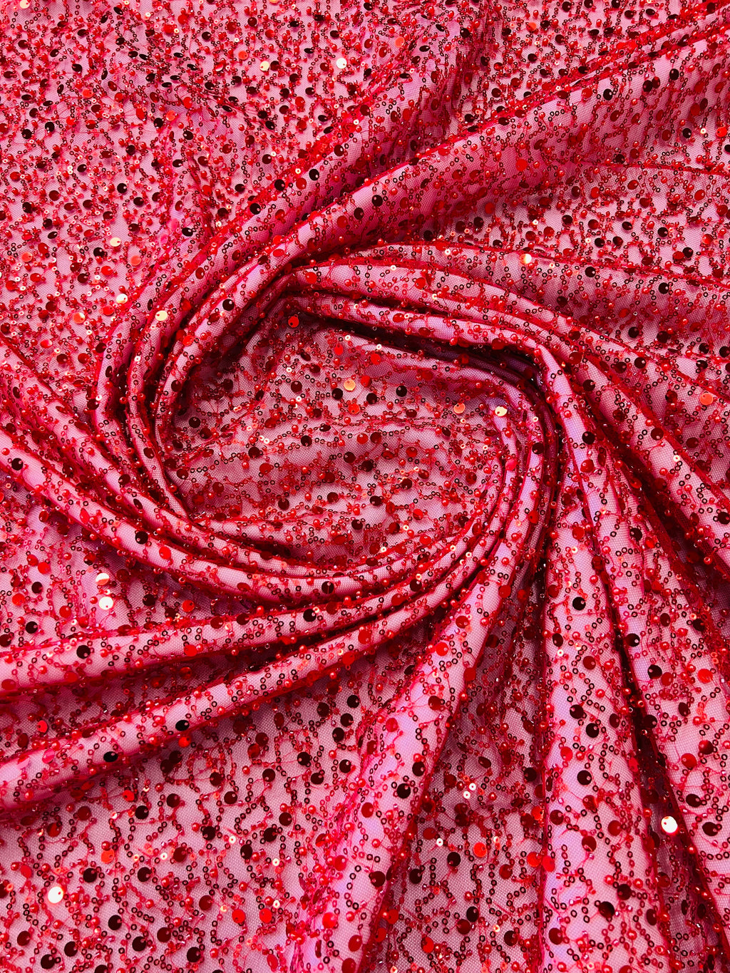Beaded Mesh Fabric - Red - Embroidered Beaded Wedding Bridal Fabric By The Yard