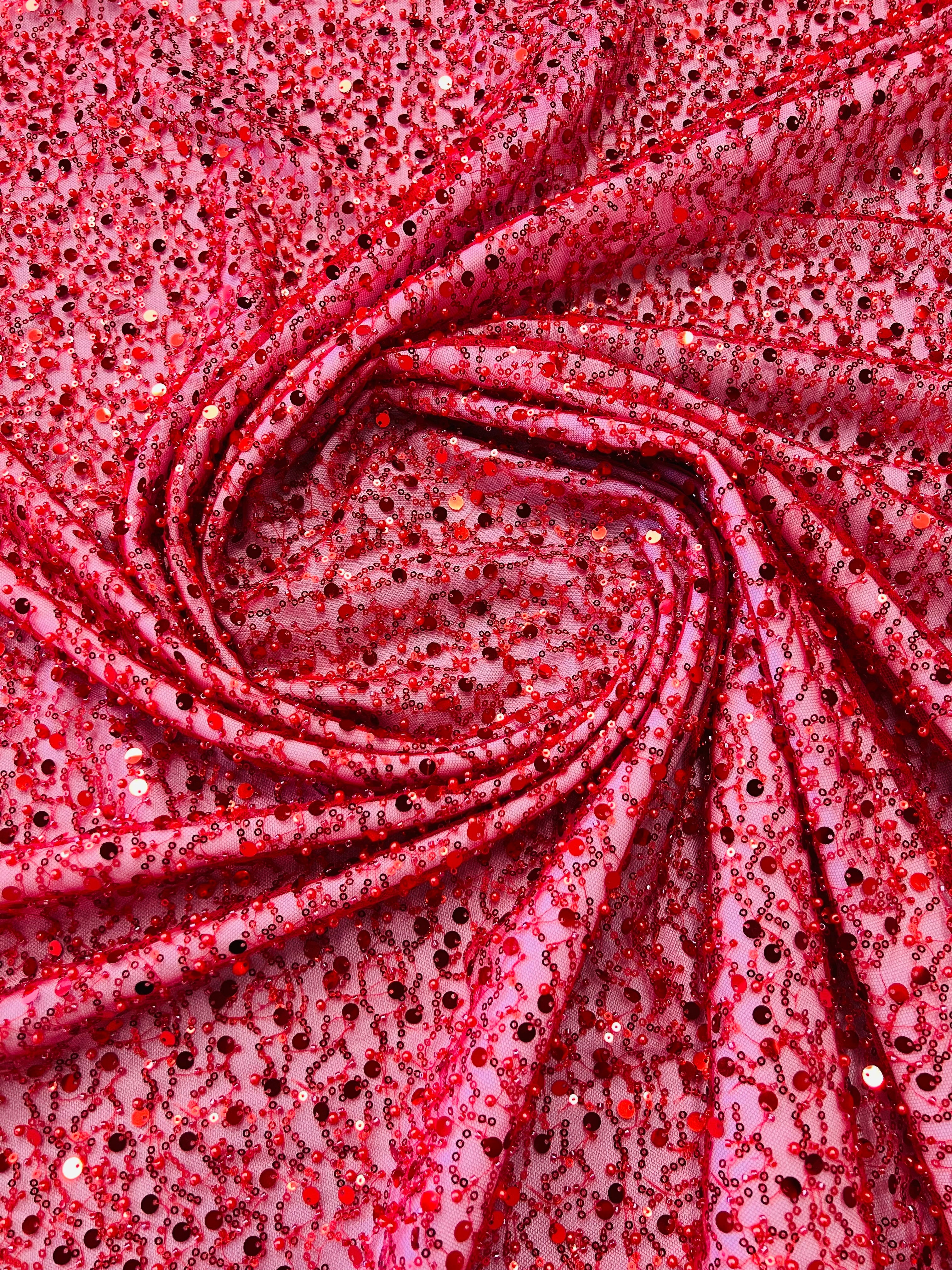 Beaded Mesh Fabric - Red - Embroidered Beaded Wedding Bridal Fabric By The Yard