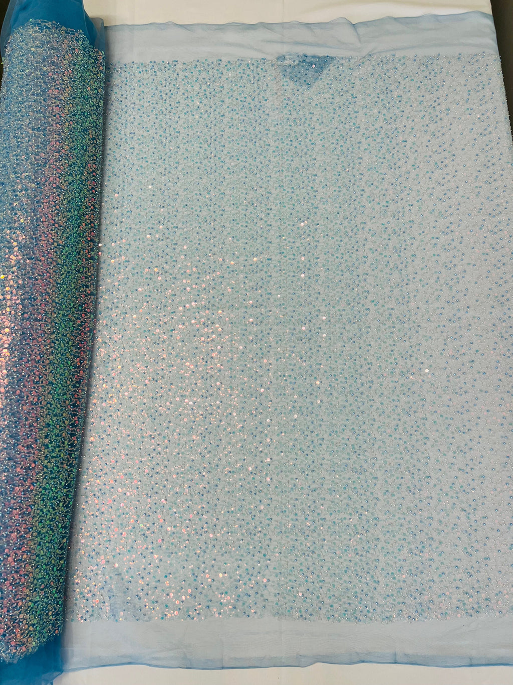 Beaded Mesh Fabric - Baby Blue - Embroidered Beaded Wedding Bridal Fabric By The Yard