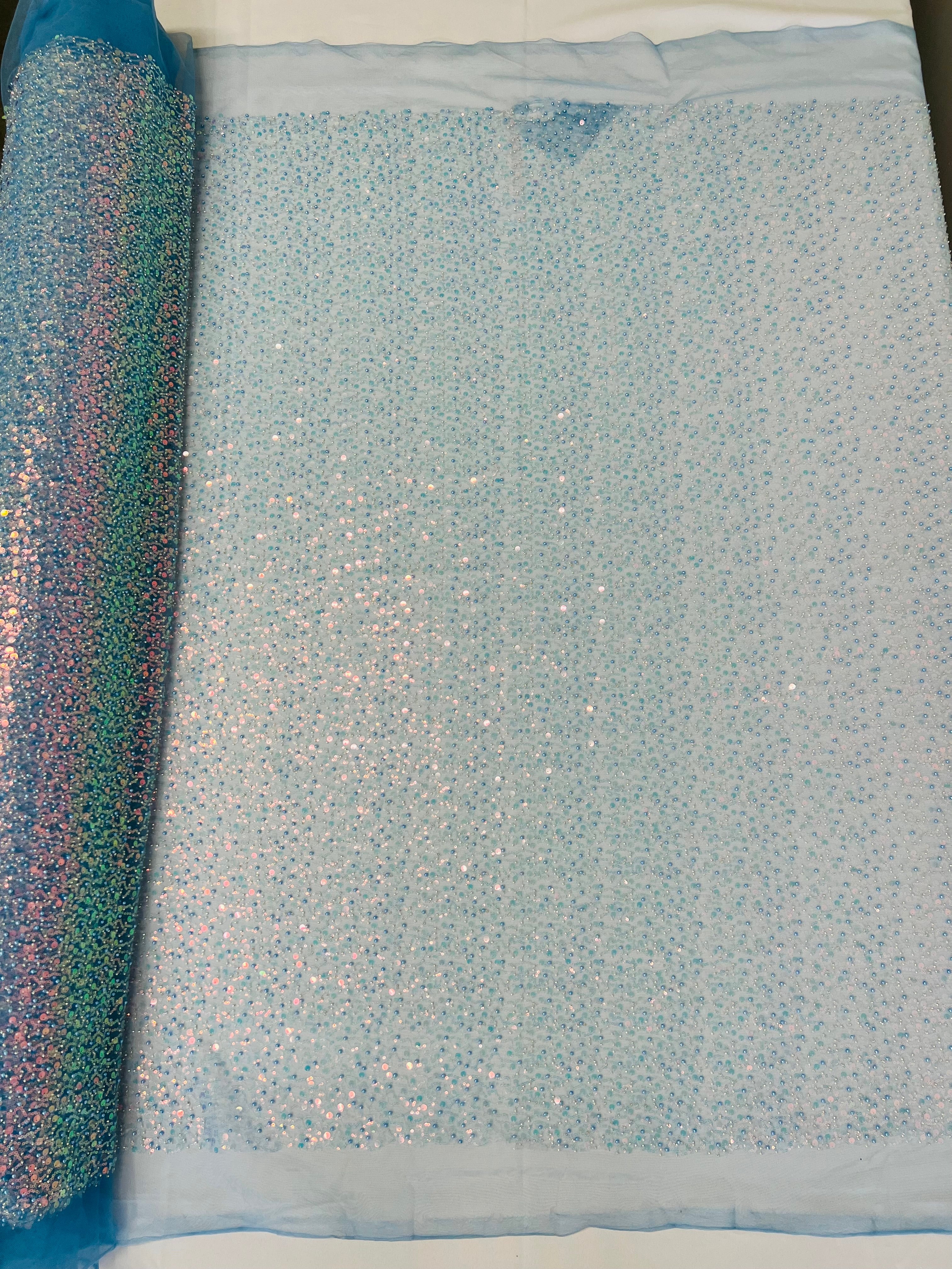 Beaded Mesh Fabric - Baby Blue - Embroidered Beaded Wedding Bridal Fabric By The Yard
