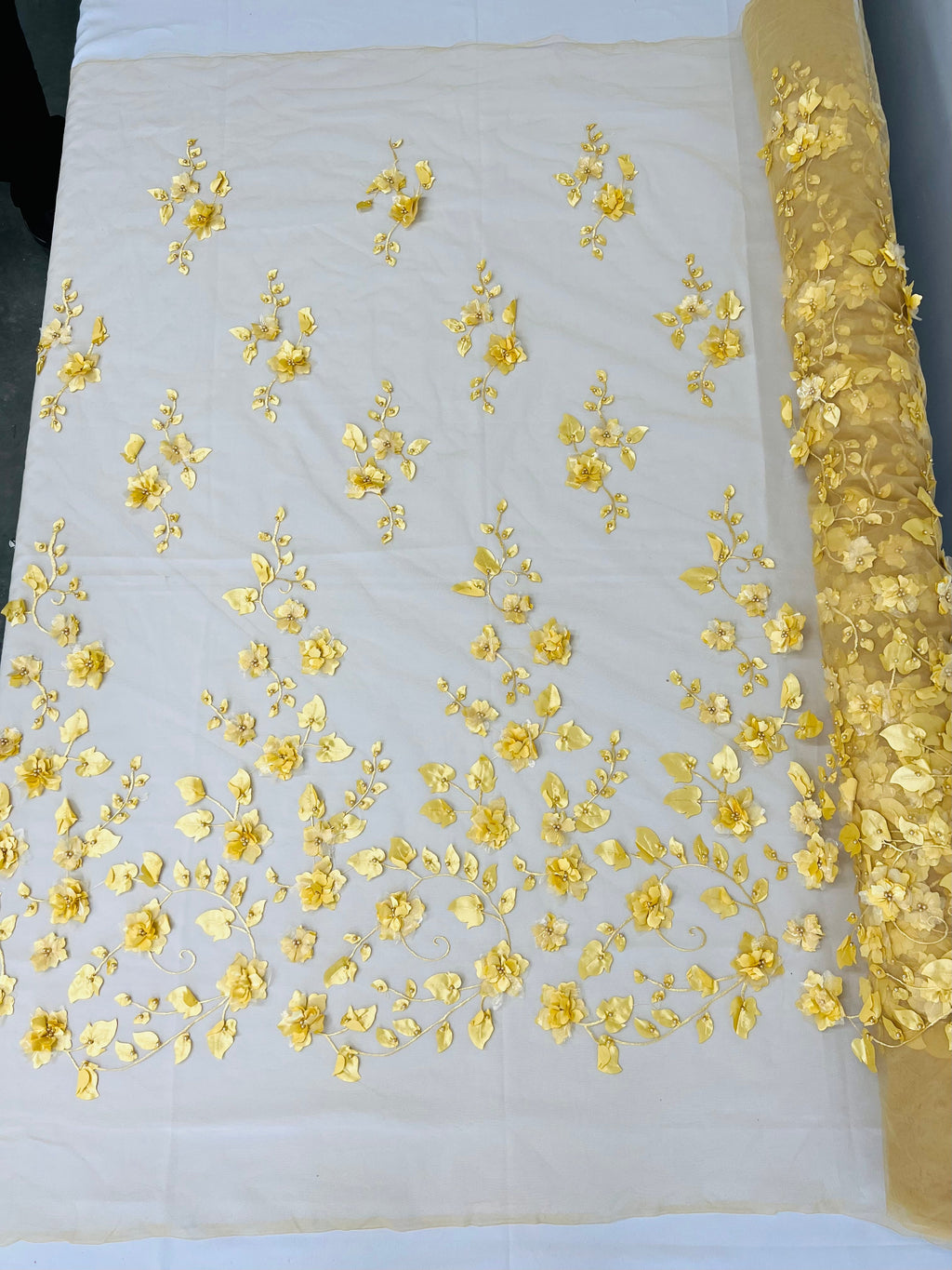 3D Floral Fancy Fabric - Gold - Embroidered Roses Pattern on Mesh Fabric Sold by Yard