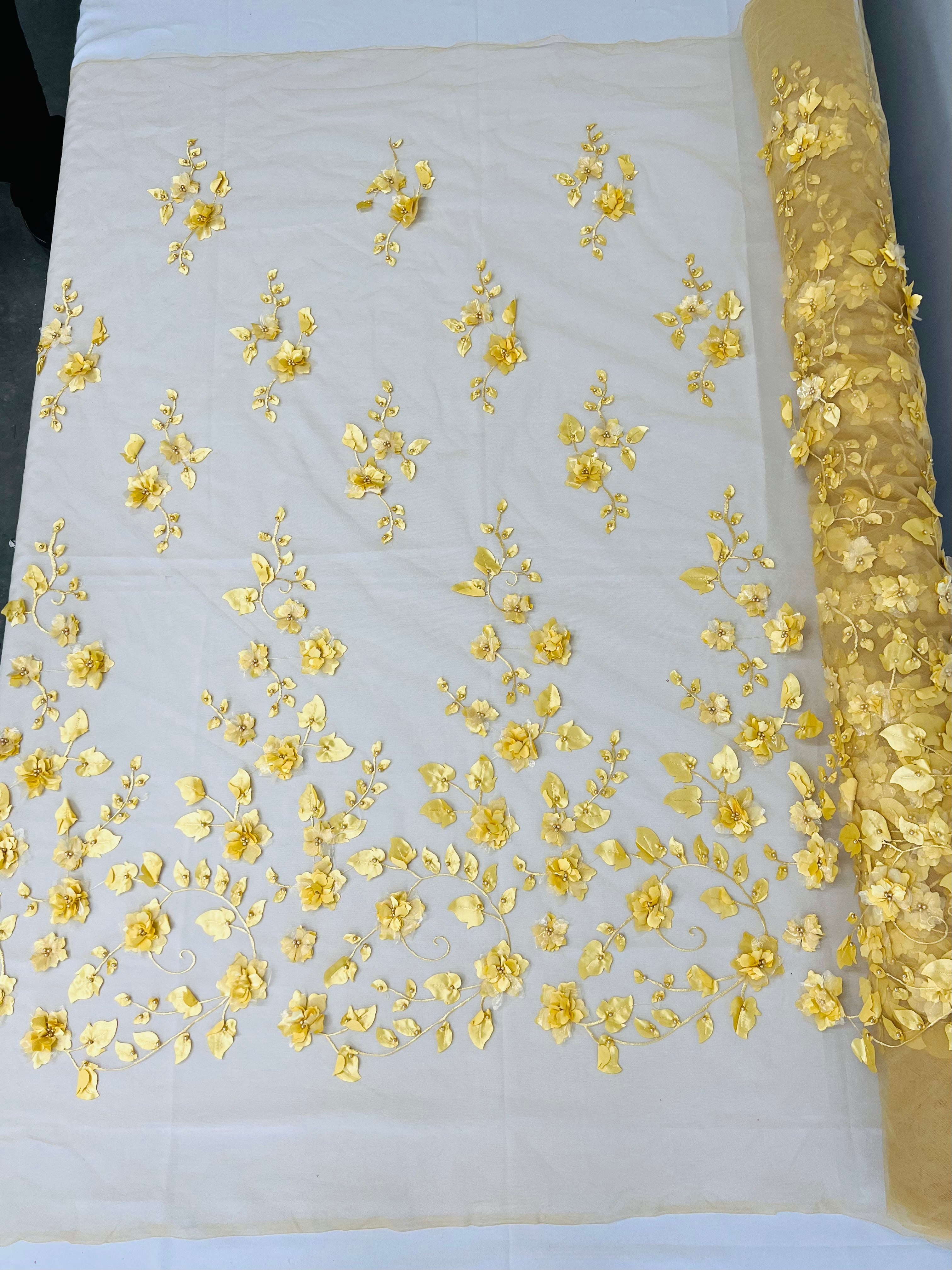 3D Floral Fancy Fabric - Gold - Embroidered Roses Pattern on Mesh Fabric Sold by Yard