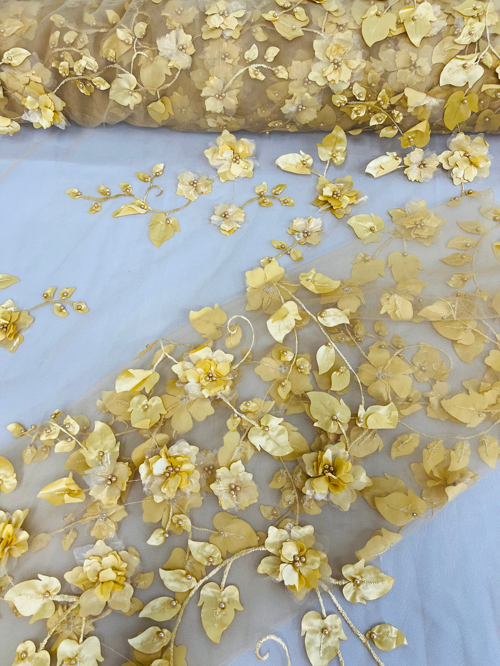 3D Floral Fancy Fabric - Gold - Embroidered Roses Pattern on Mesh Fabric Sold by Yard