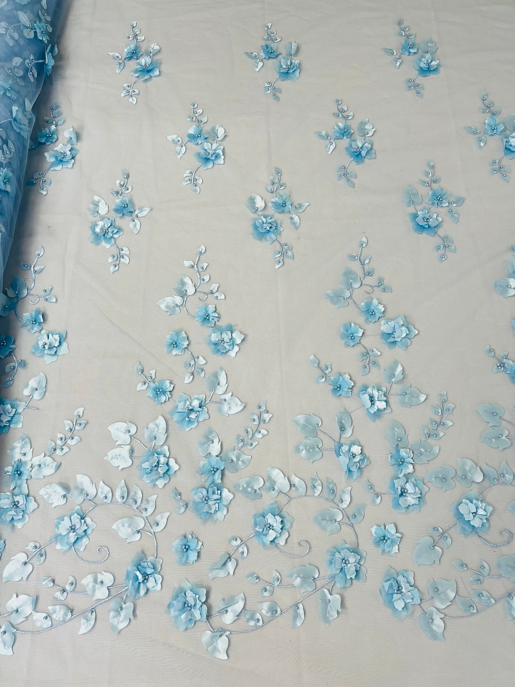 3D Floral Fancy Fabric - Baby Blue - Embroidered Roses Pattern on Mesh Fabric Sold by Yard