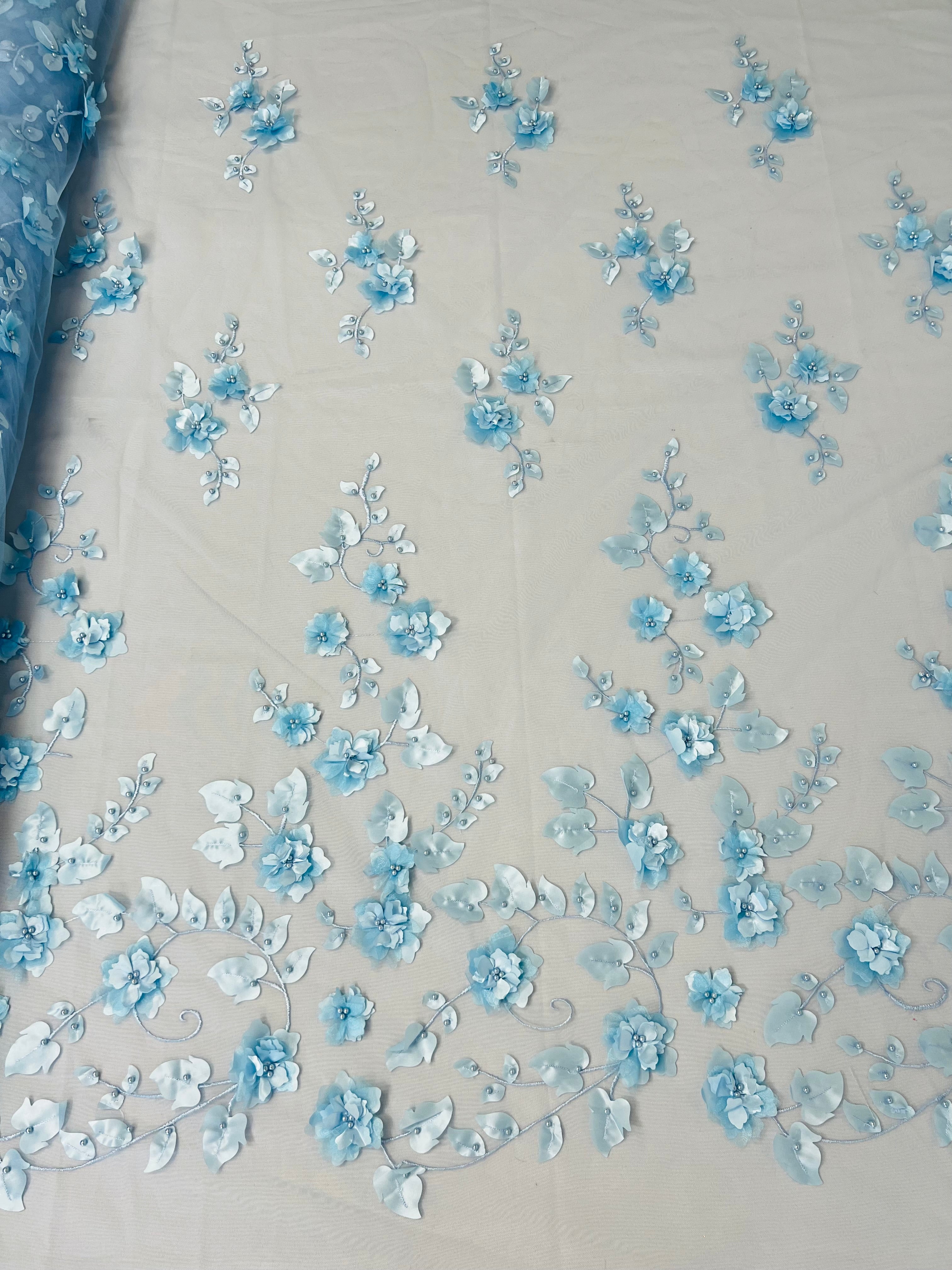 3D Floral Fancy Fabric - Baby Blue - Embroidered Roses Pattern on Mesh Fabric Sold by Yard