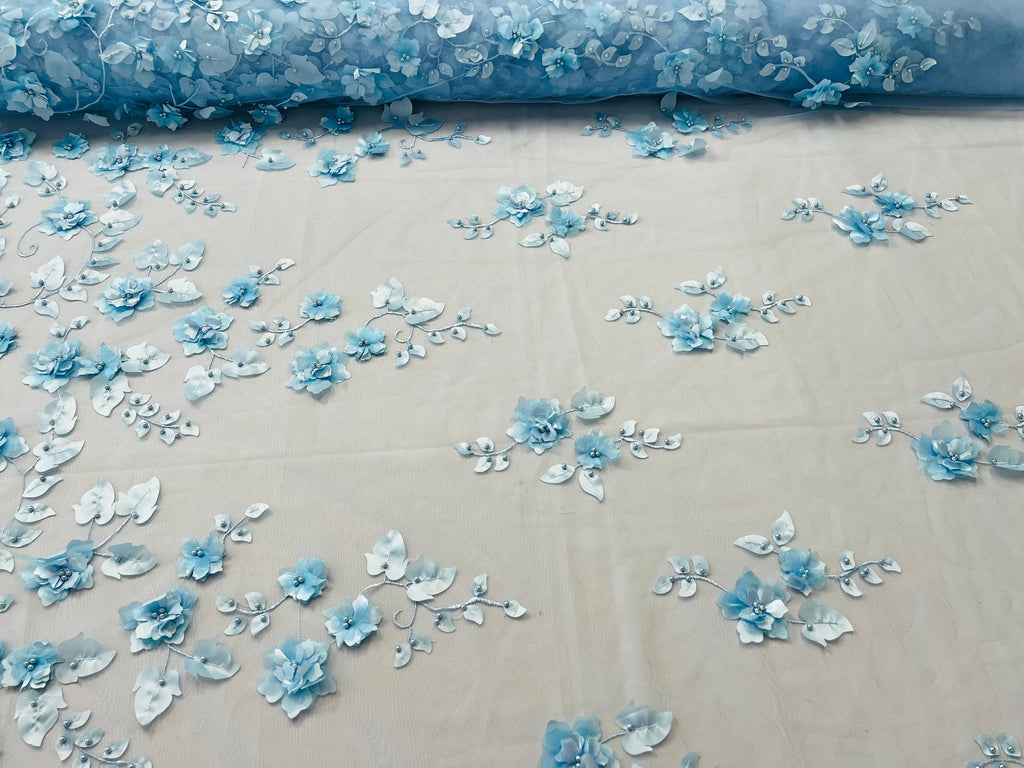 3D Floral Fancy Fabric - Baby Blue - Embroidered Roses Pattern on Mesh Fabric Sold by Yard