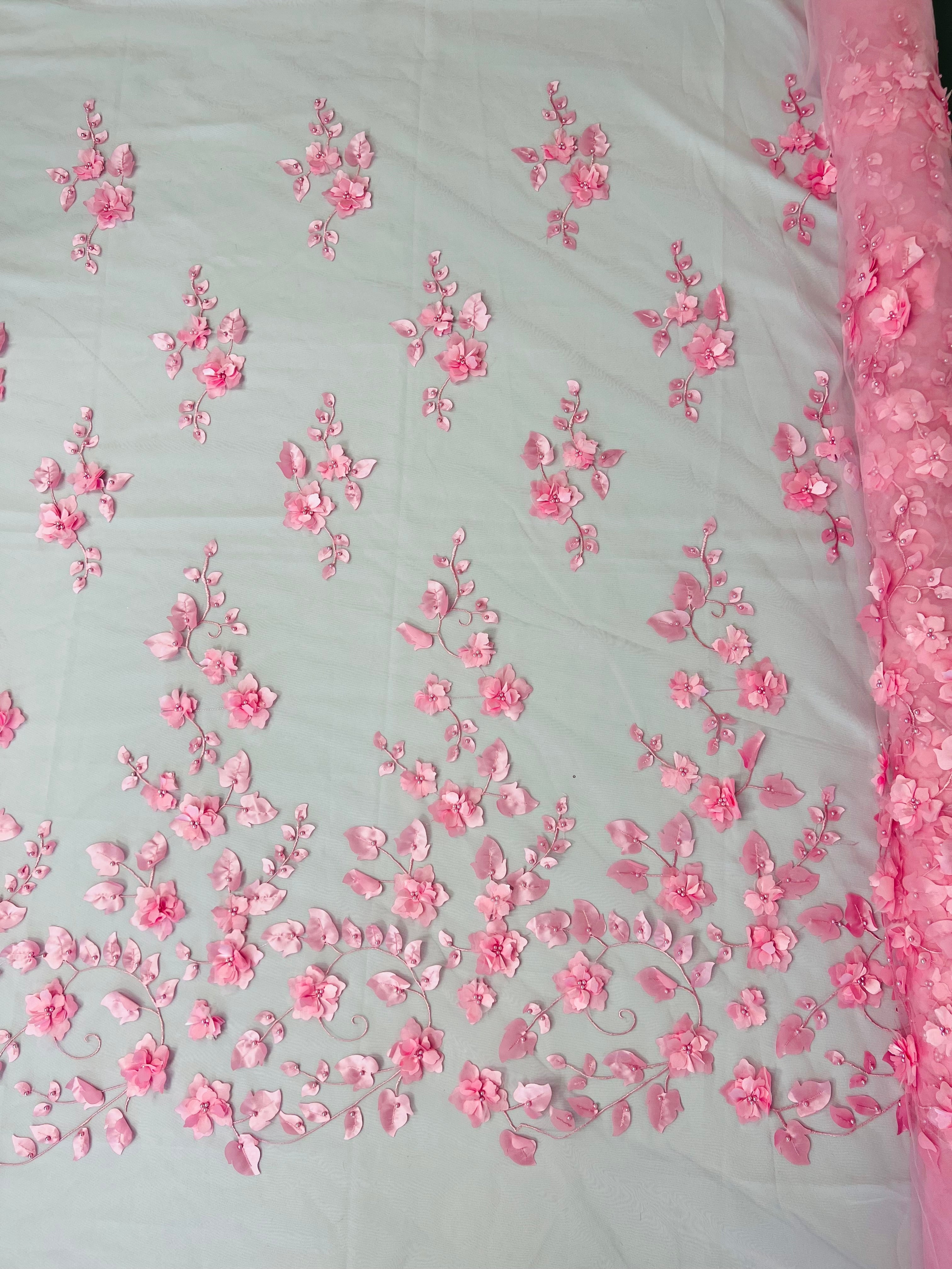 3D Floral Fancy Fabric - Candy Pink - Embroidered Roses Pattern on Mesh Fabric Sold by Yard