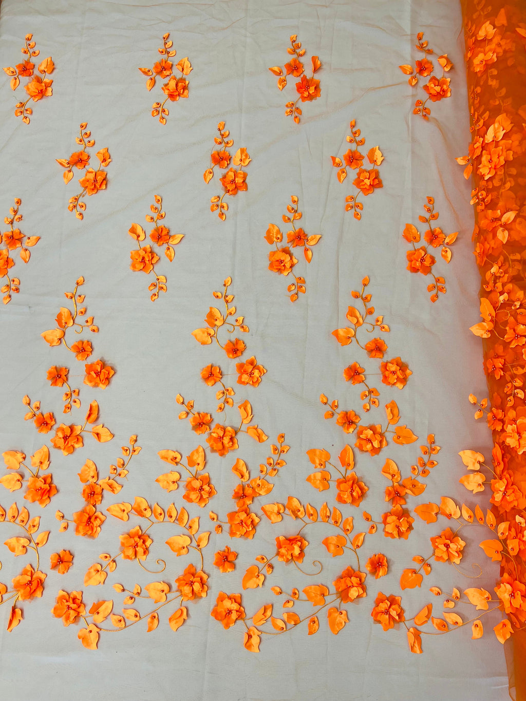 3D Floral Fancy Fabric - Orange - Embroidered Roses Pattern on Mesh Fabric Sold by Yard