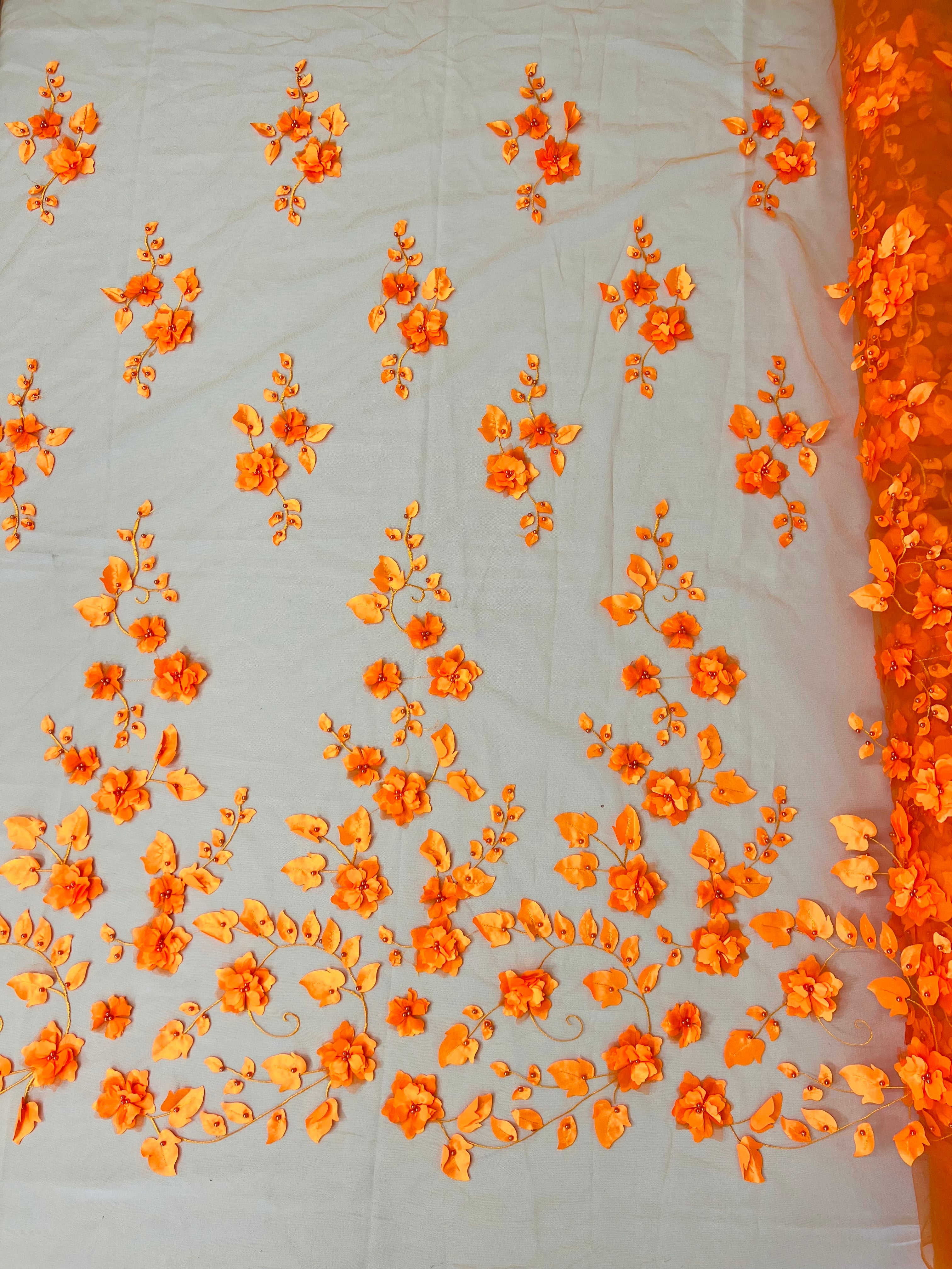 3D Floral Fancy Fabric - Orange - Embroidered Roses Pattern on Mesh Fabric Sold by Yard