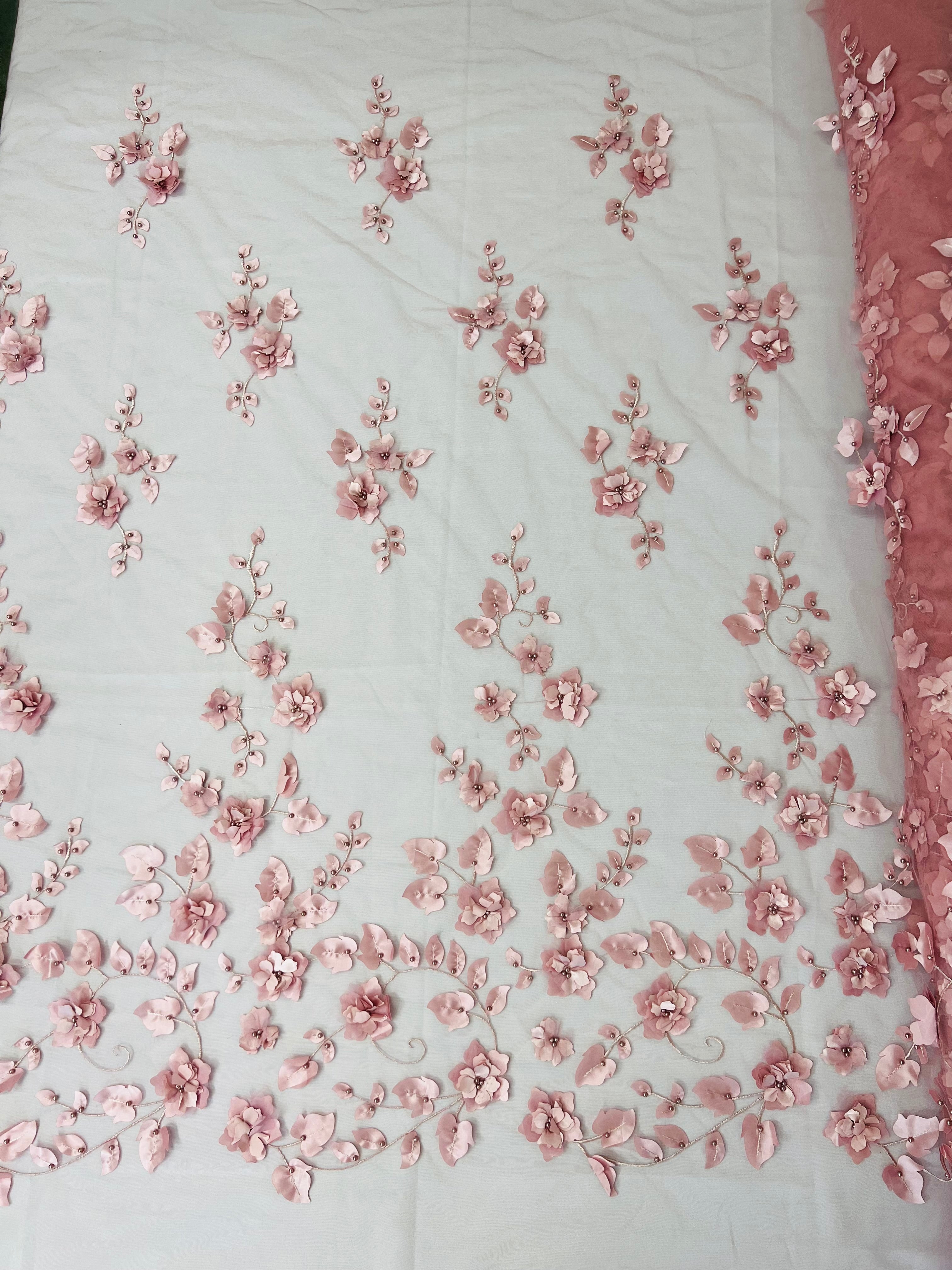 3D Floral Fancy Fabric - Dusty Rose - Embroidered Roses Pattern on Mesh Fabric Sold by Yard