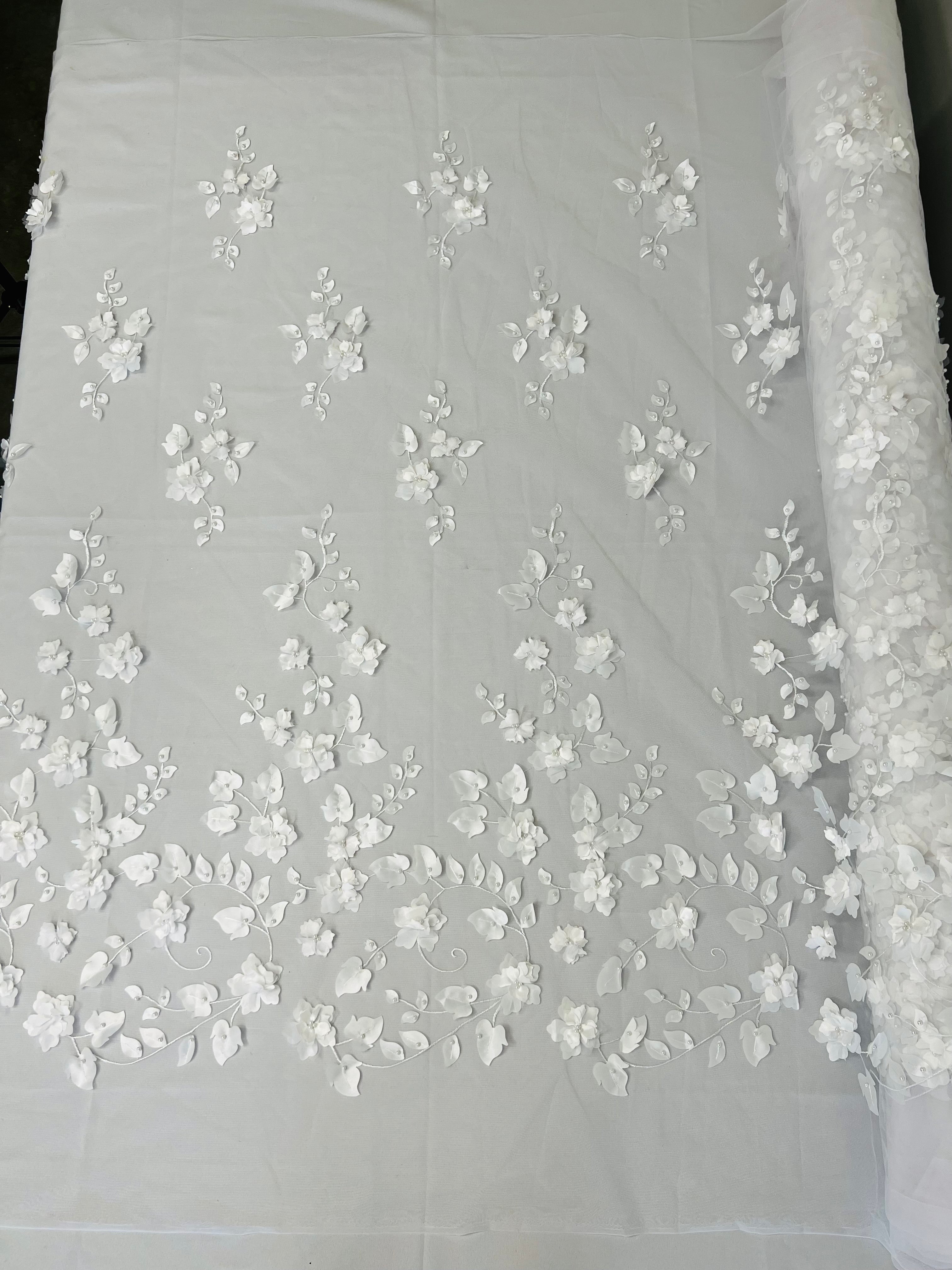 3D Floral Fancy Fabric - White - Embroidered Roses Pattern on Mesh Fabric Sold by Yard