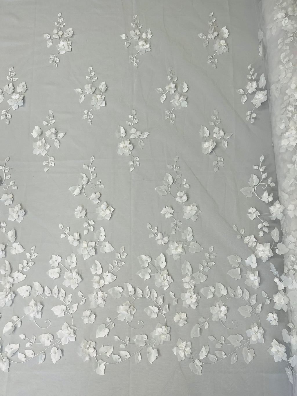 3D Floral Fancy Fabric - White - Embroidered Roses Pattern on Mesh Fabric Sold by Yard