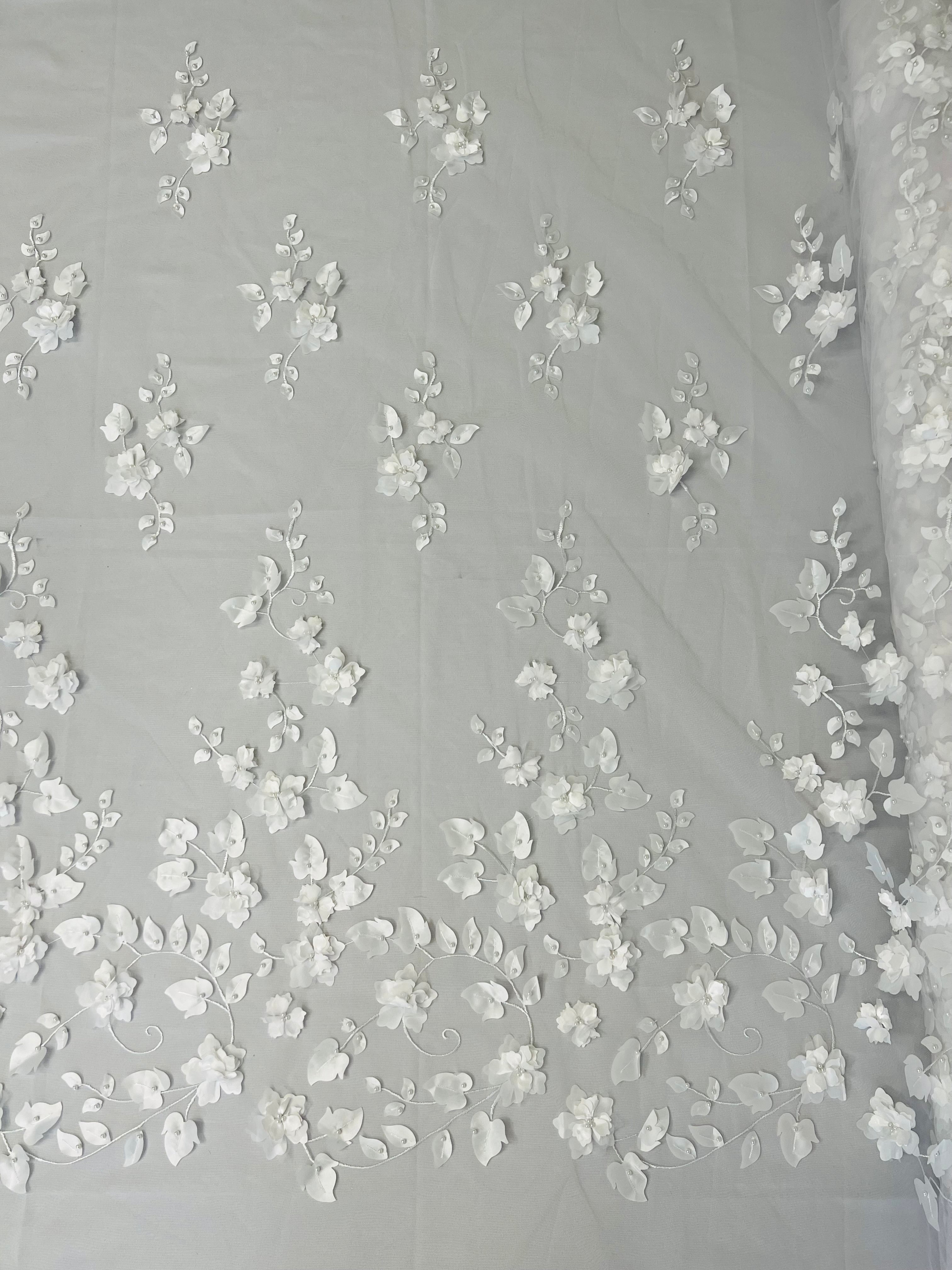 3D Floral Fancy Fabric - White - Embroidered Roses Pattern on Mesh Fabric Sold by Yard