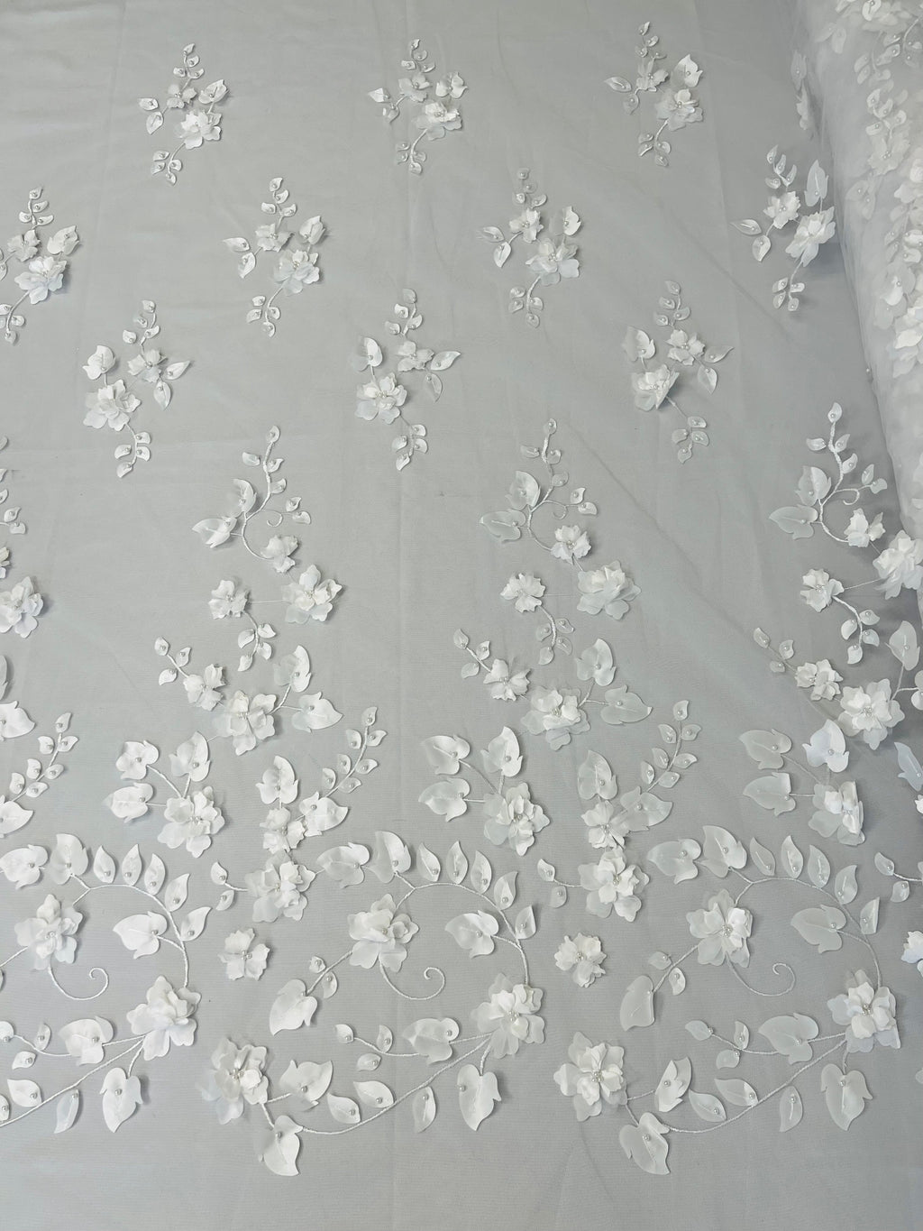 3D Floral Fancy Fabric - White - Embroidered Roses Pattern on Mesh Fabric Sold by Yard