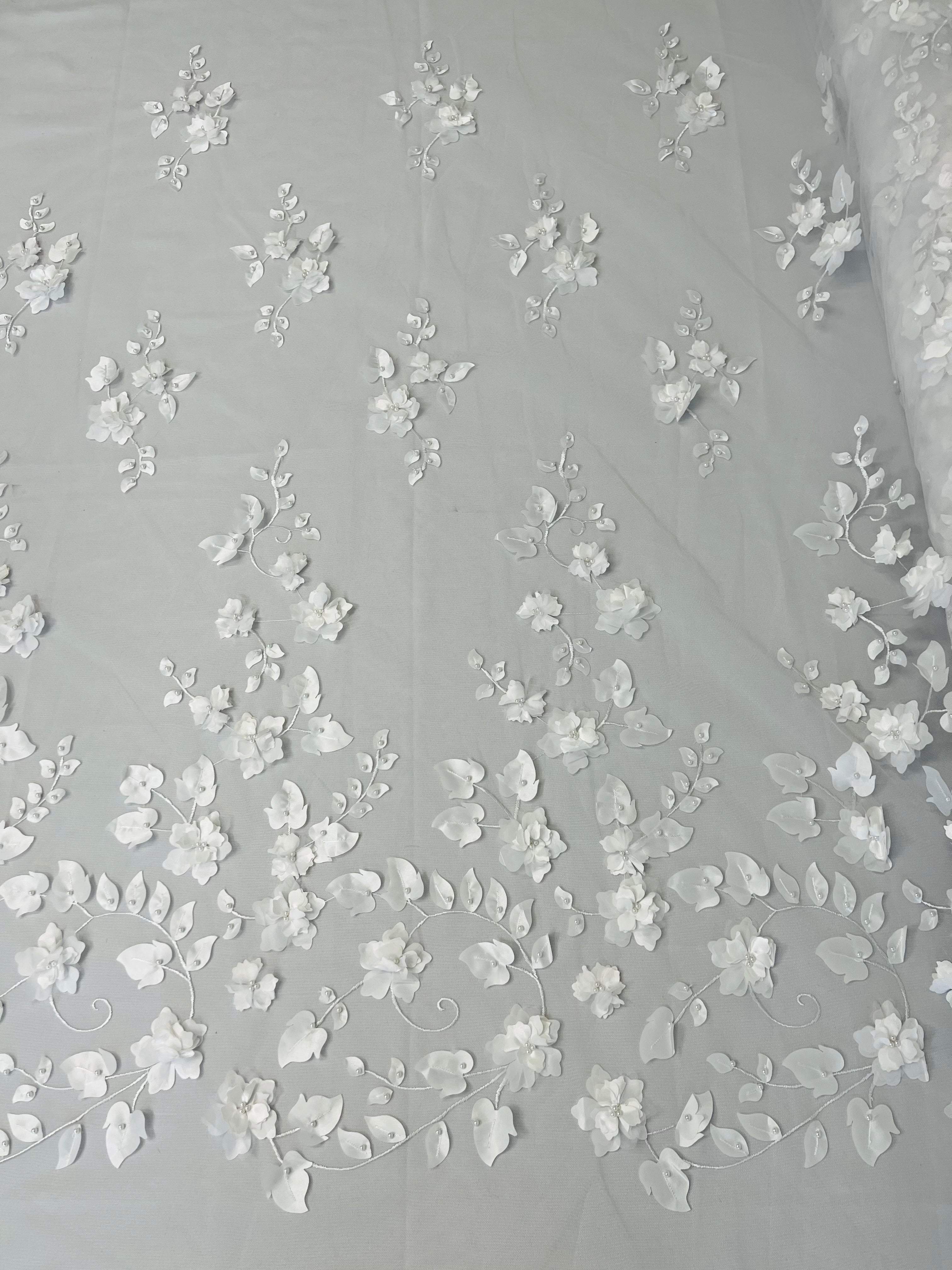 3D Floral Fancy Fabric - White - Embroidered Roses Pattern on Mesh Fabric Sold by Yard