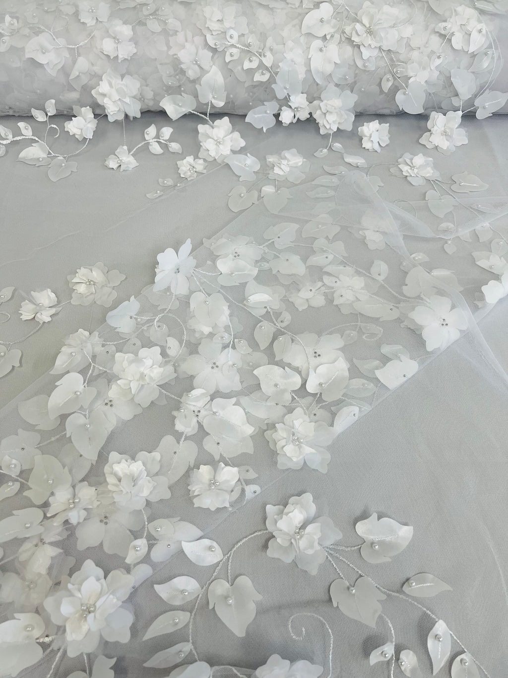 3D Floral Fancy Fabric - White - Embroidered Roses Pattern on Mesh Fabric Sold by Yard