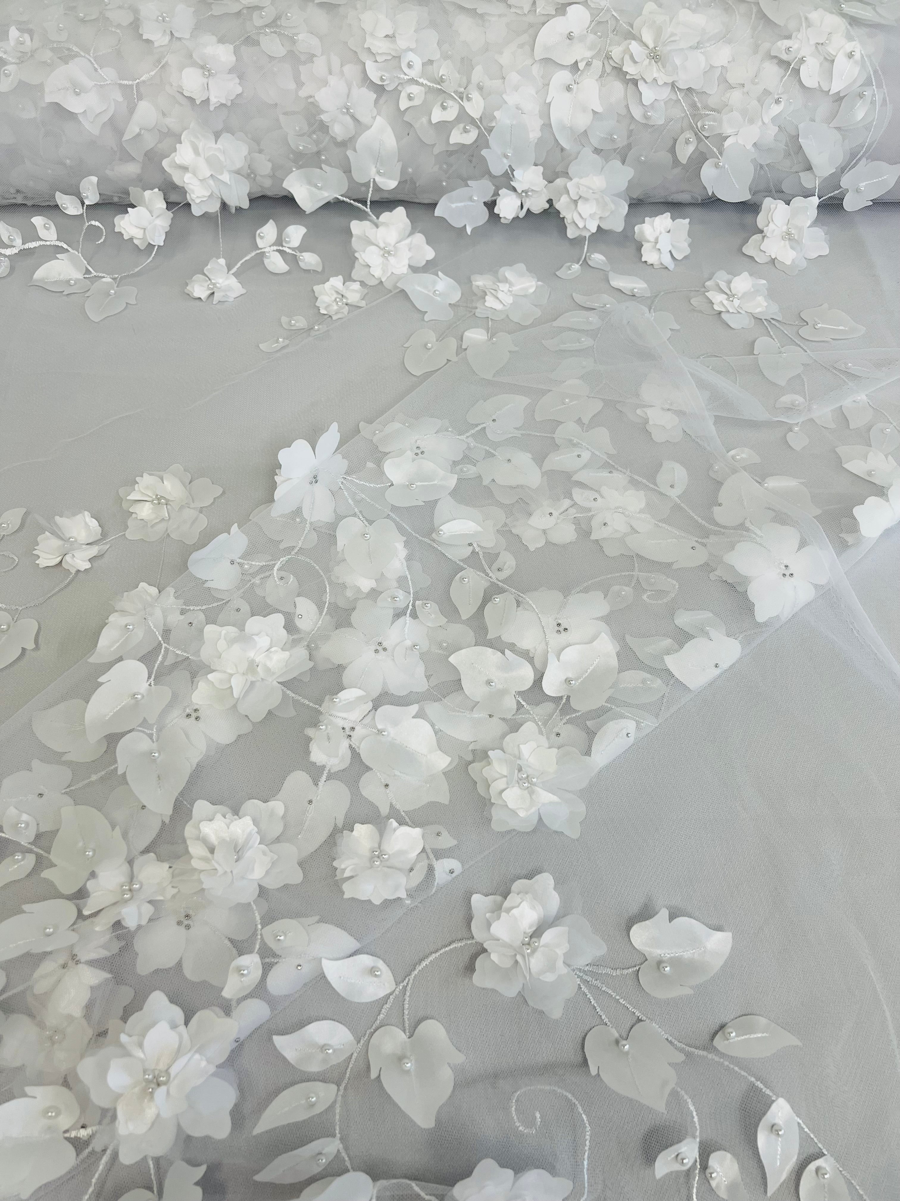 3D Floral Fancy Fabric - White - Embroidered Roses Pattern on Mesh Fabric Sold by Yard