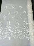 3D Floral Fancy Fabric - Ivory - Embroidered Roses Pattern on Mesh Fabric Sold by Yard