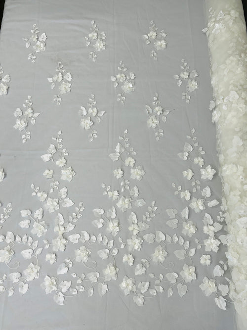 3D Floral Fancy Fabric - Ivory - Embroidered Roses Pattern on Mesh Fabric Sold by Yard
