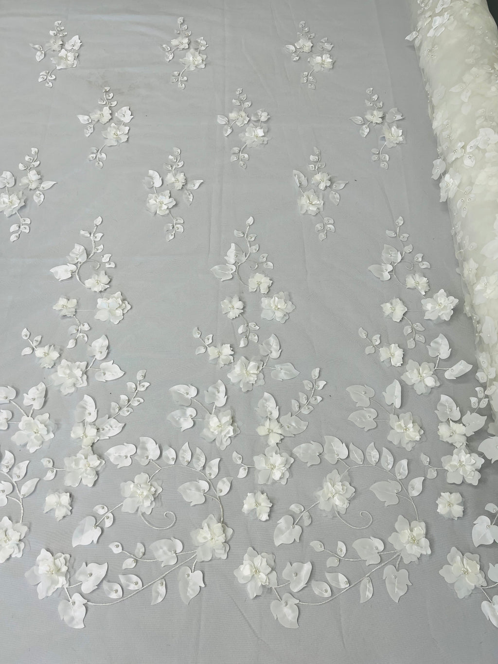 3D Floral Fancy Fabric - Ivory - Embroidered Roses Pattern on Mesh Fabric Sold by Yard