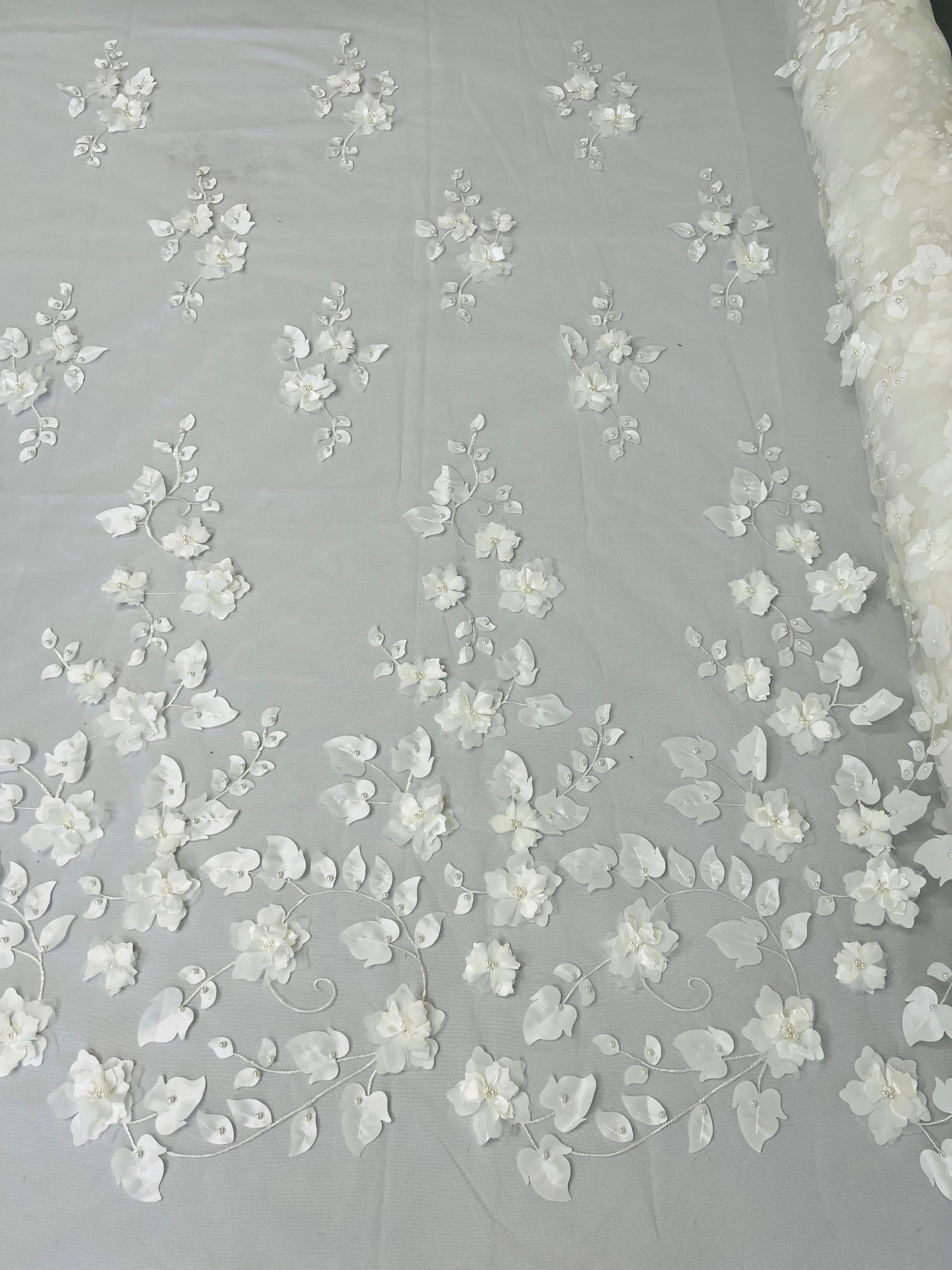 3D Floral Fancy Fabric - Ivory - Embroidered Roses Pattern on Mesh Fabric Sold by Yard