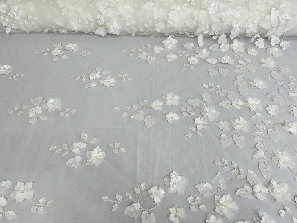 3D Floral Fancy Fabric - Ivory - Embroidered Roses Pattern on Mesh Fabric Sold by Yard