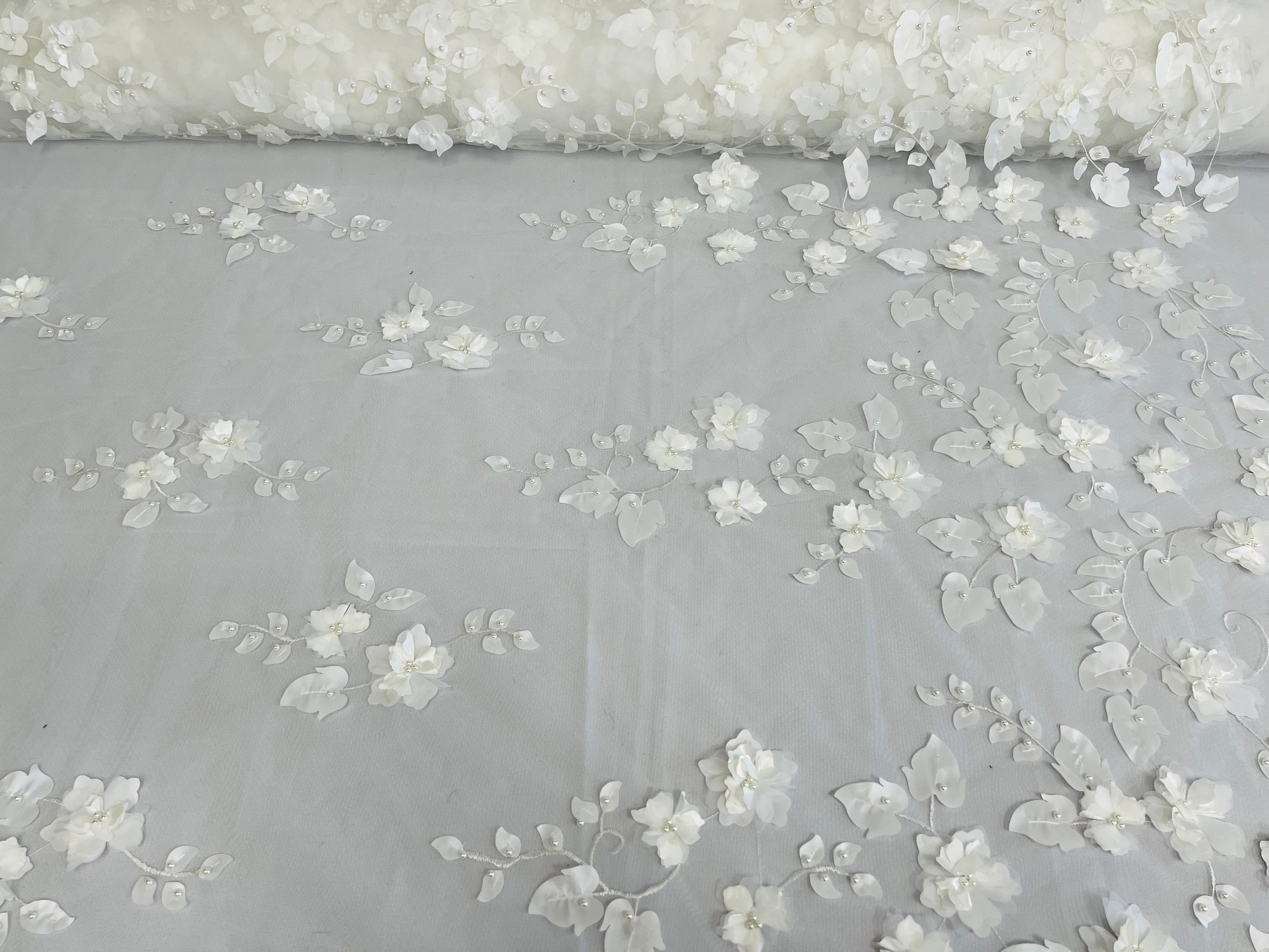 3D Floral Fancy Fabric - Ivory - Embroidered Roses Pattern on Mesh Fabric Sold by Yard