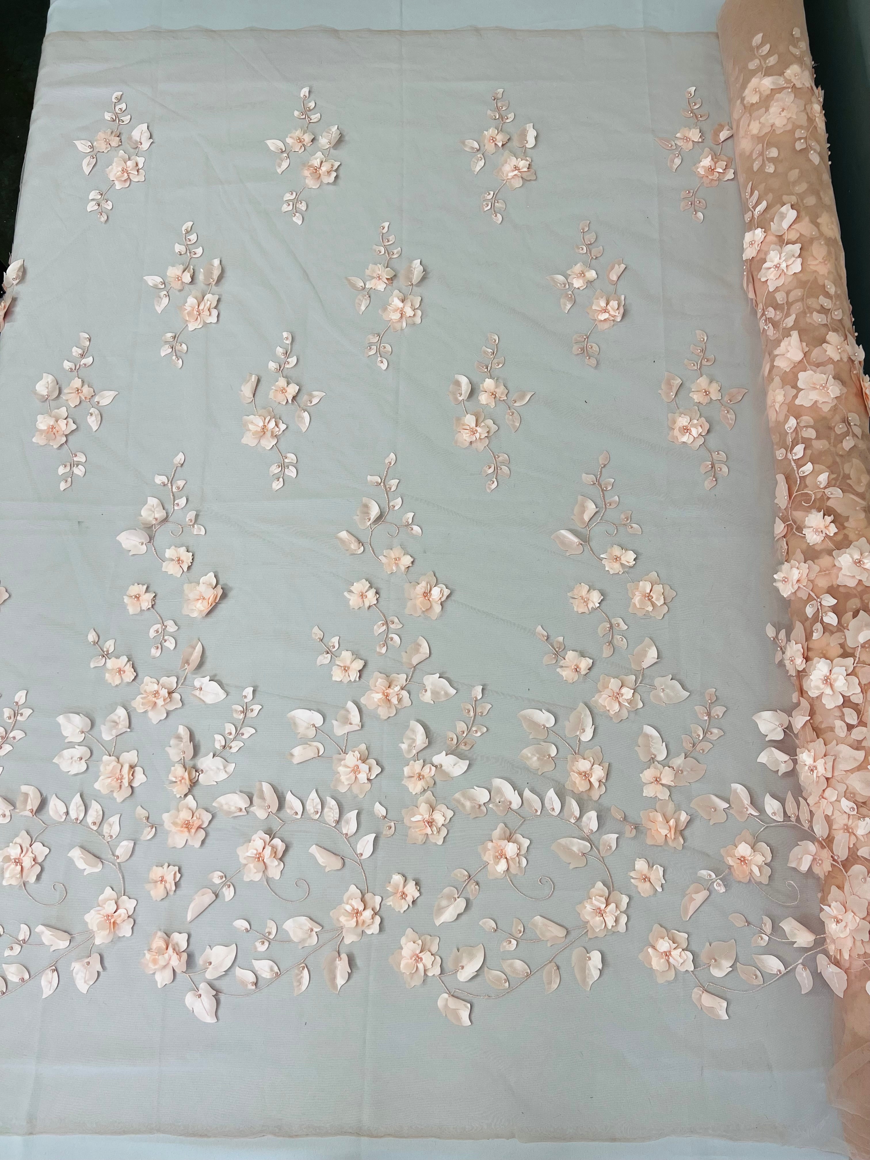 Floral Fancy Fabric - Blush Peach - Embroidered Roses Pattern on Mesh Fabric Sold by Yard