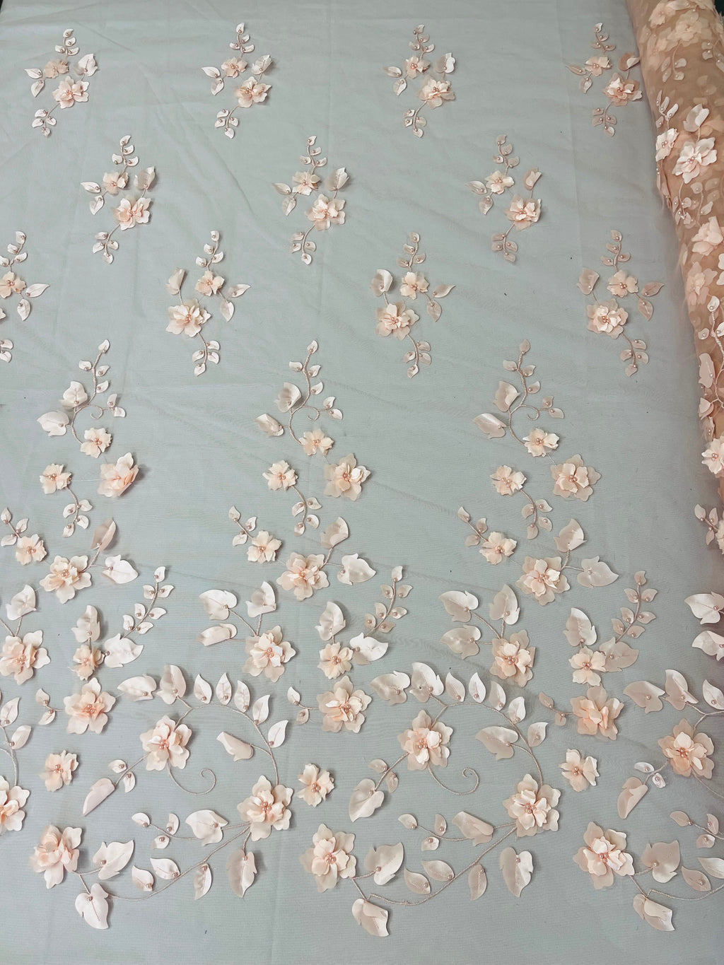 Floral Fancy Fabric - Blush Peach - Embroidered Roses Pattern on Mesh Fabric Sold by Yard