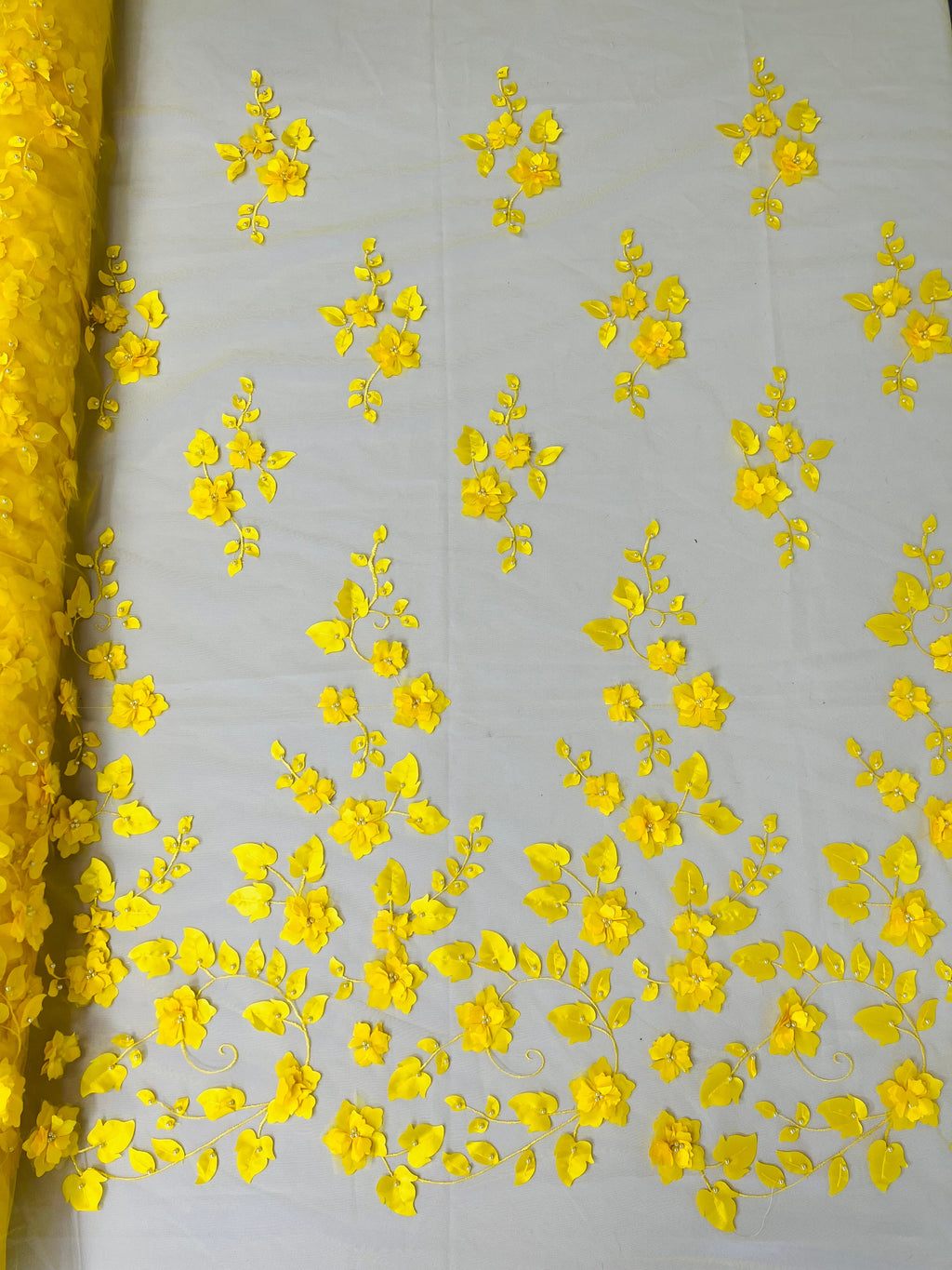3D Floral Fancy Fabric - Yellow - Embroidered Roses Pattern on Mesh Fabric Sold by Yard