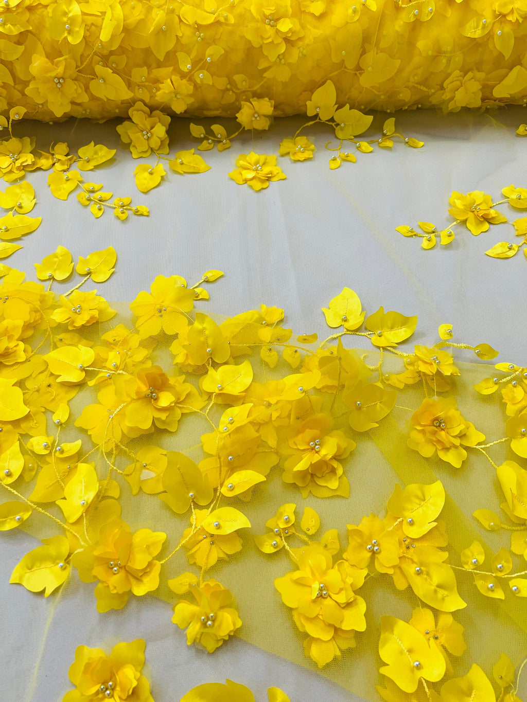 3D Floral Fancy Fabric - Yellow - Embroidered Roses Pattern on Mesh Fabric Sold by Yard