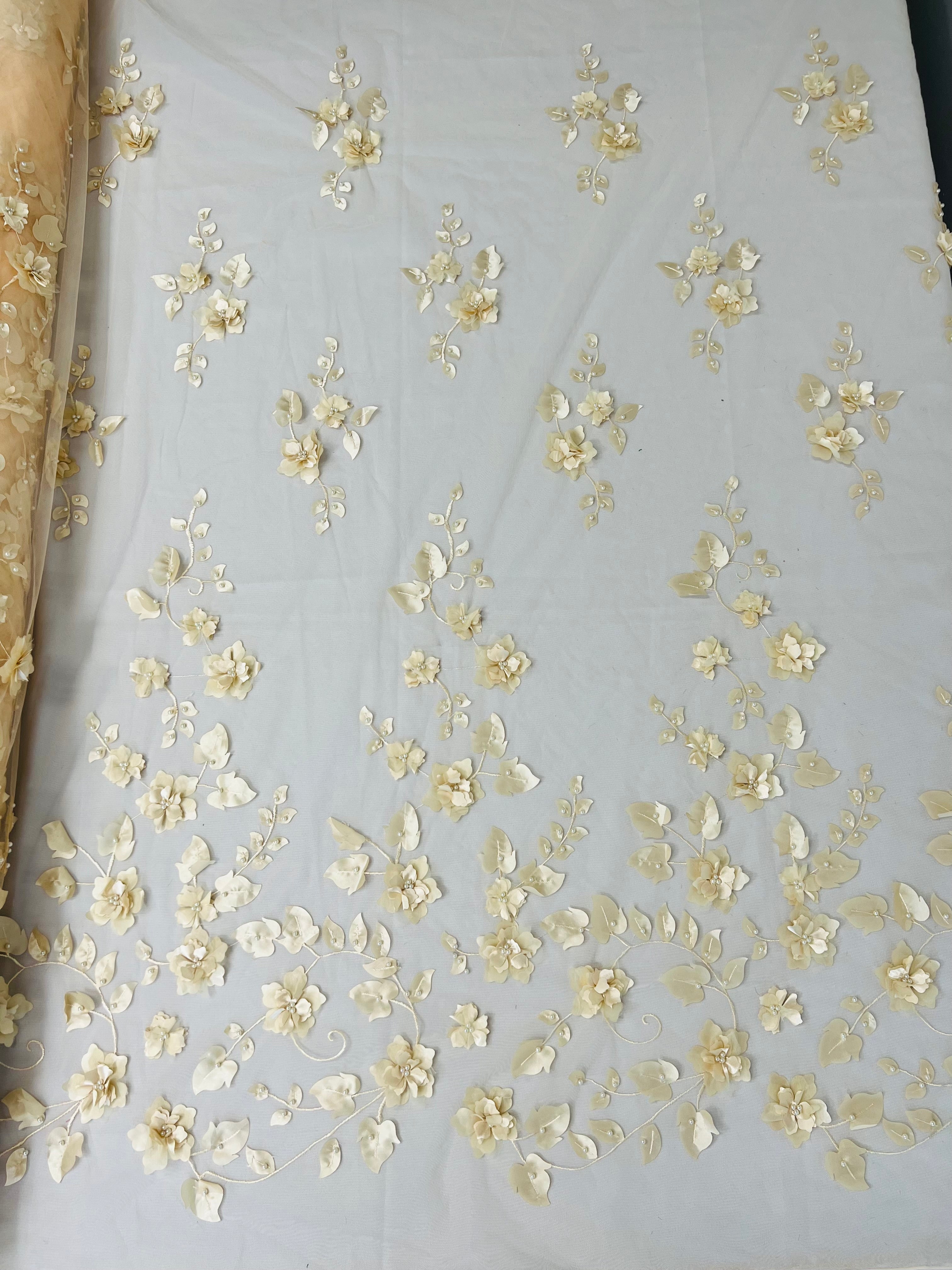 3D Floral Fancy Fabric - Champagne - Embroidered Roses Pattern on Mesh Fabric Sold by Yard