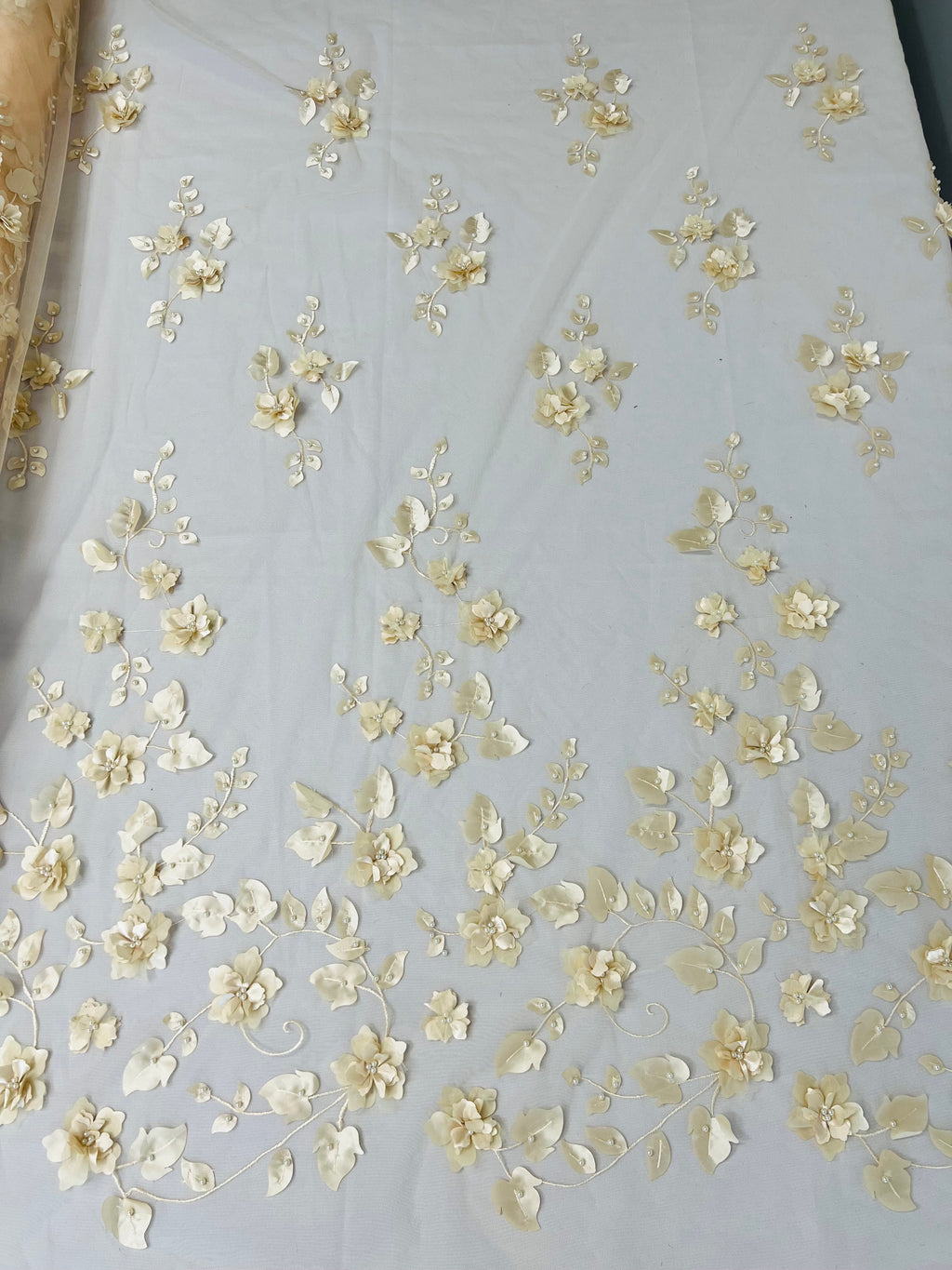3D Floral Fancy Fabric - Champagne - Embroidered Roses Pattern on Mesh Fabric Sold by Yard