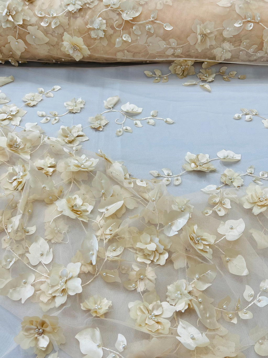 3D Floral Fancy Fabric - Champagne - Embroidered Roses Pattern on Mesh Fabric Sold by Yard