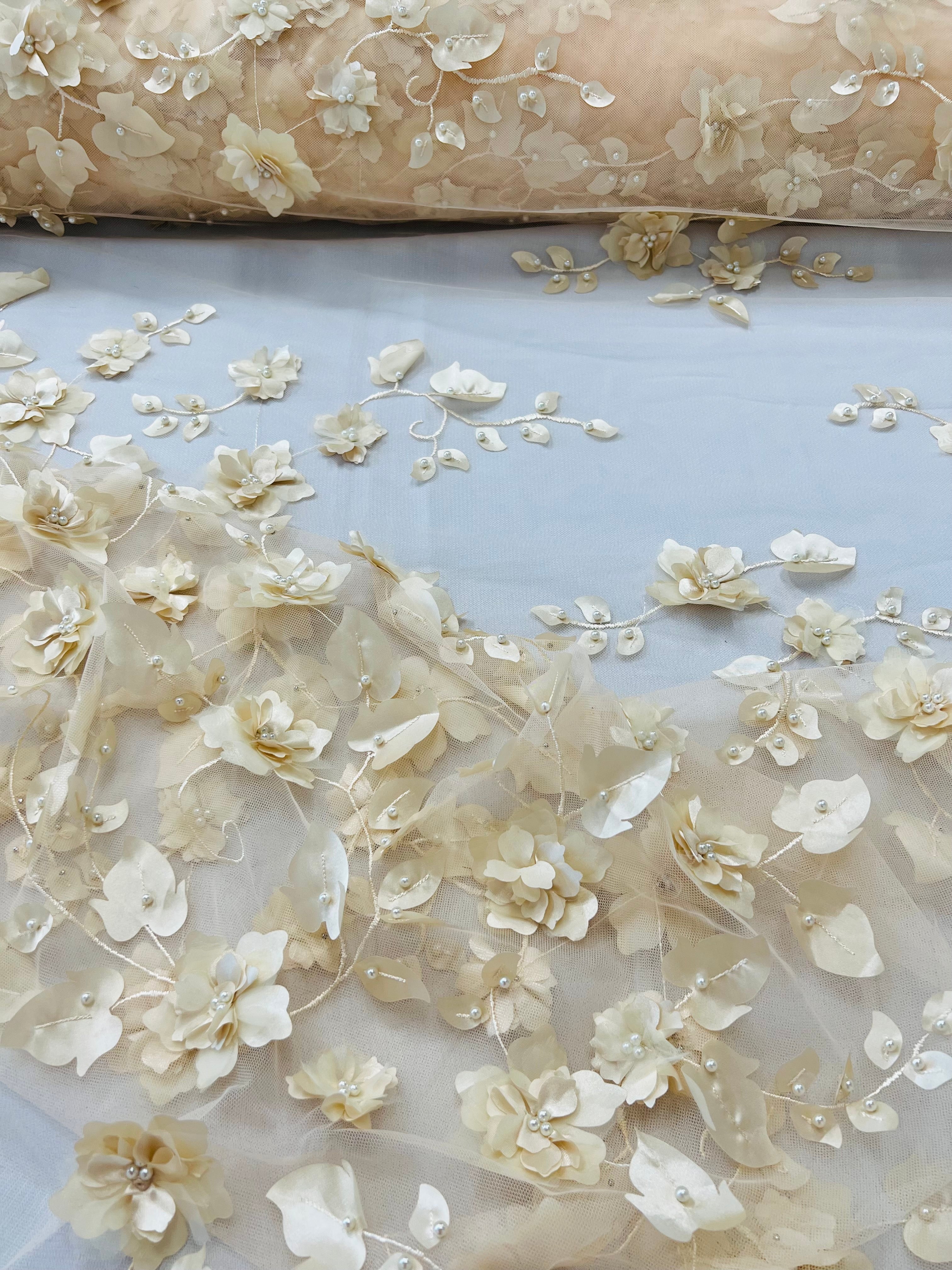 3D Floral Fancy Fabric - Champagne - Embroidered Roses Pattern on Mesh Fabric Sold by Yard