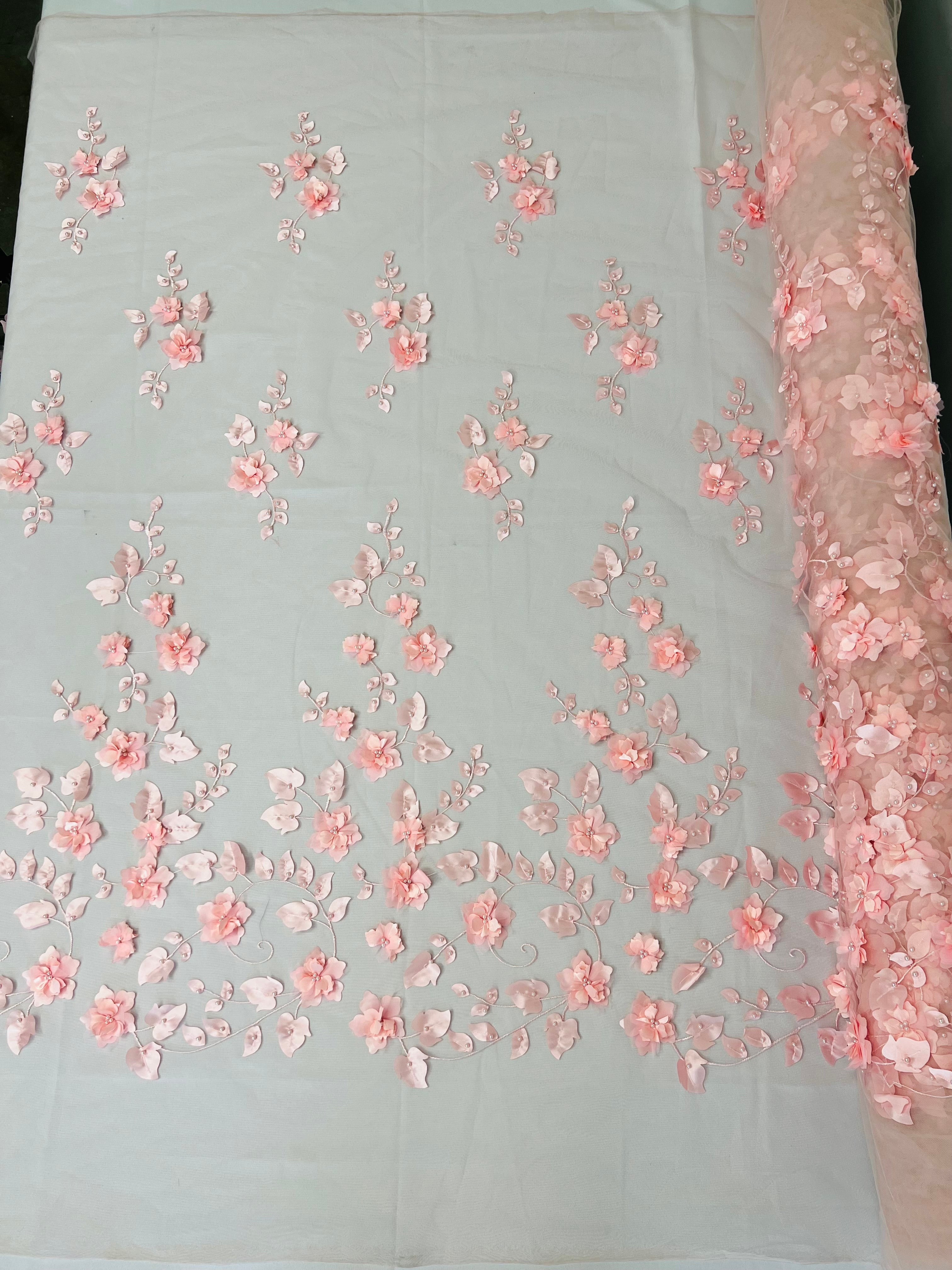 3D Floral Fancy Fabric - Pink - Embroidered Roses Pattern on Mesh Fabric Sold by Yard