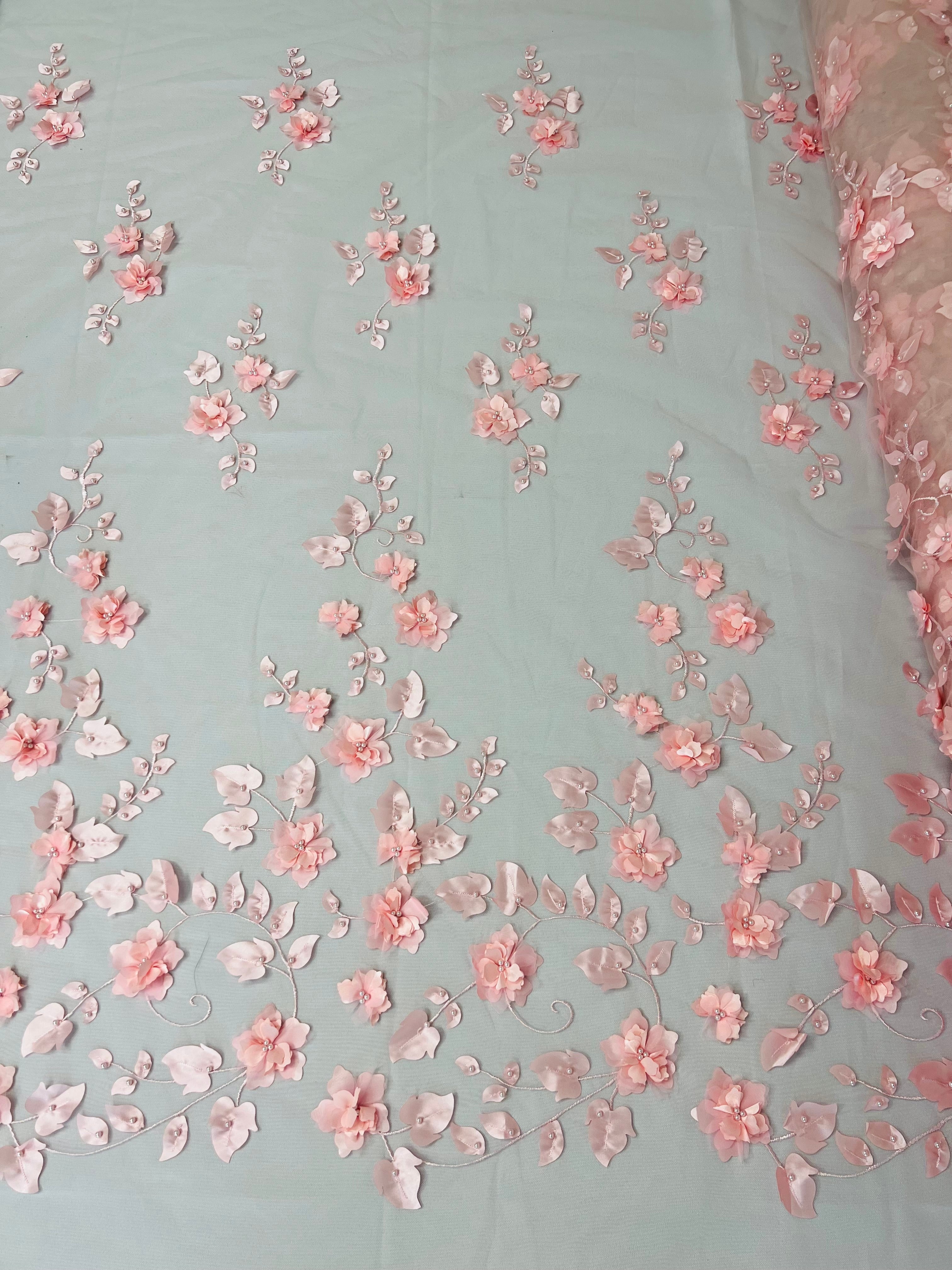 3D Floral Fancy Fabric - Pink - Embroidered Roses Pattern on Mesh Fabric Sold by Yard