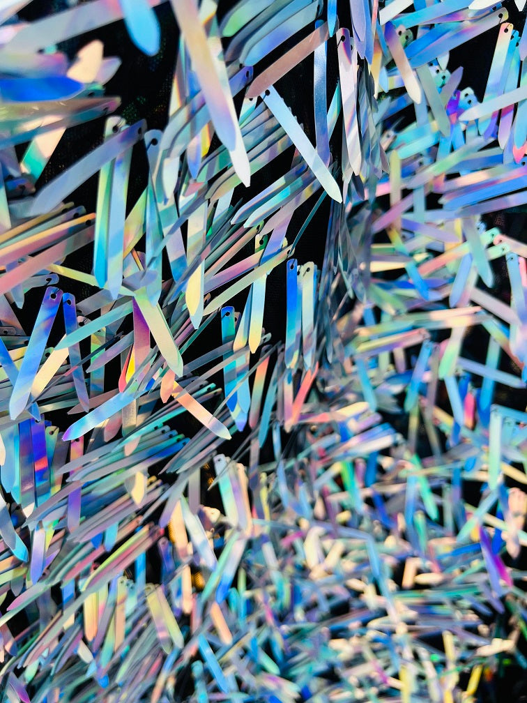 Sword Shape Hanging Sequins - Unicorn -  Iridescent Hanging Sequins On Mesh Fabric By Yard