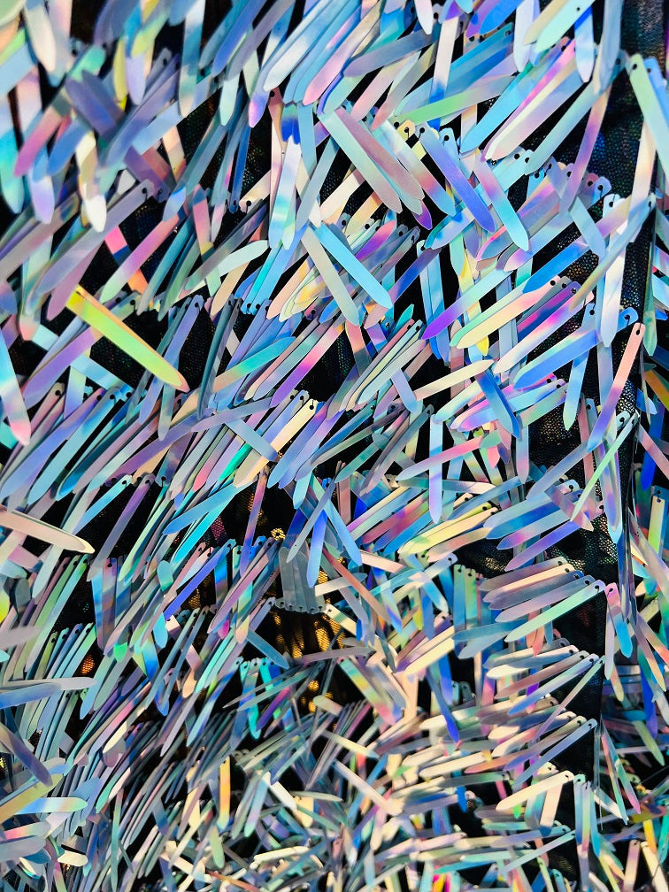 Sword Shape Hanging Sequins - Unicorn -  Iridescent Hanging Sequins On Mesh Fabric By Yard