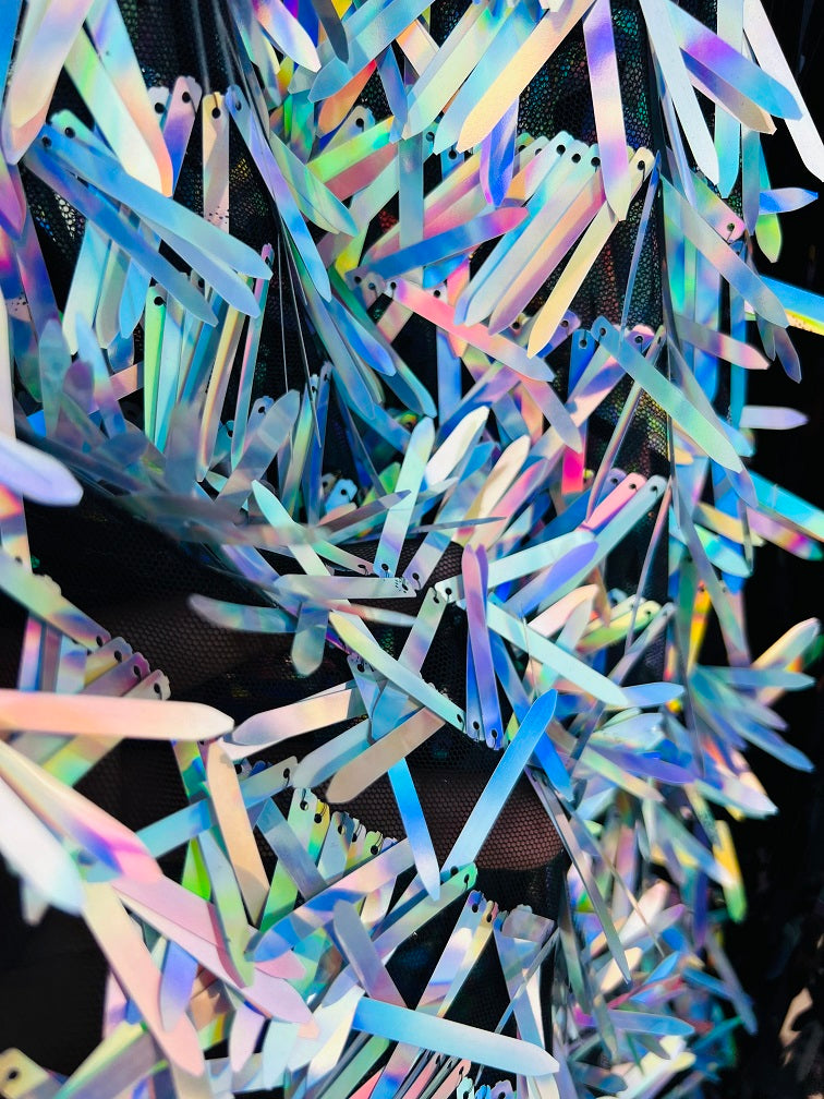 Sword Shape Hanging Sequins - Unicorn -  Iridescent Hanging Sequins On Mesh Fabric By Yard