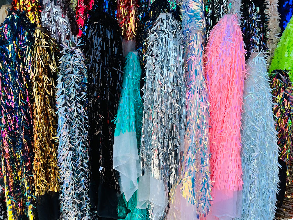Sword Shape Hanging Sequins - Unicorn -  Iridescent Hanging Sequins On Mesh Fabric By Yard