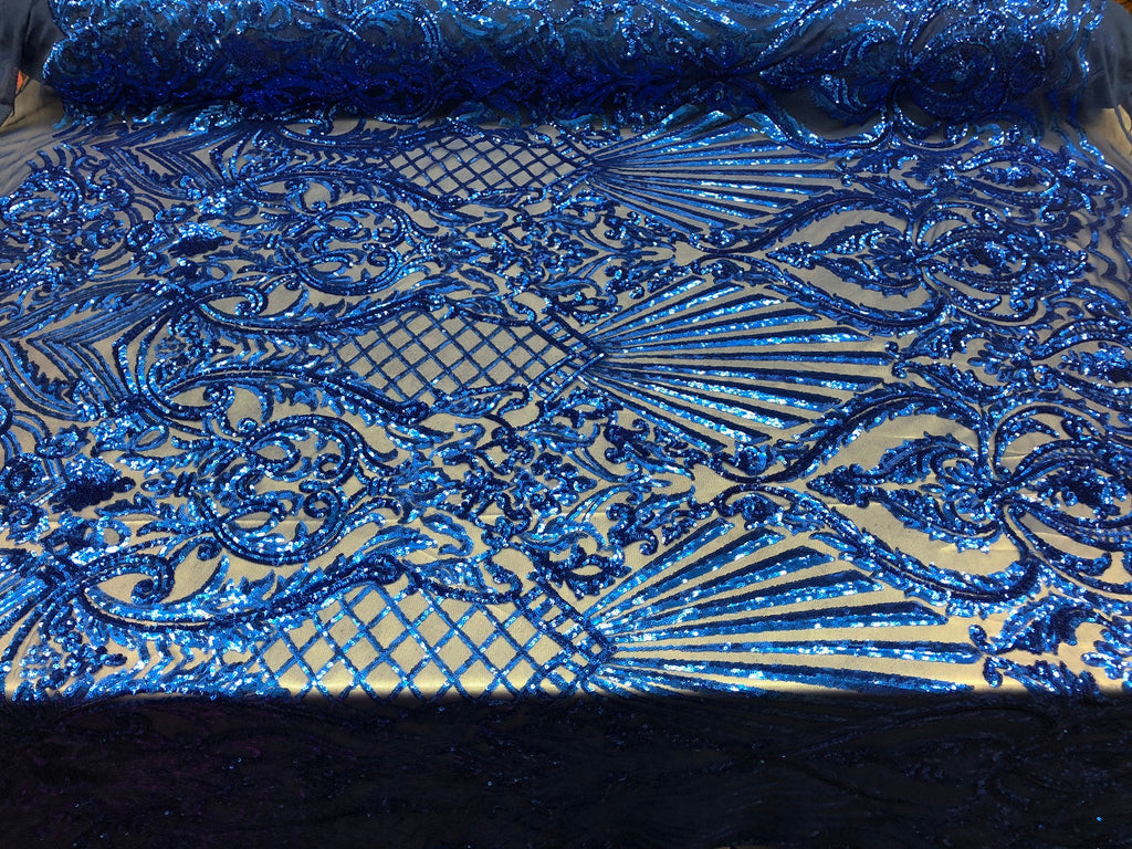 4 Way Stretch Damask Pattern Sequins Fabric Royal Fancy Embroidered Mesh Design Fashion By The Yard