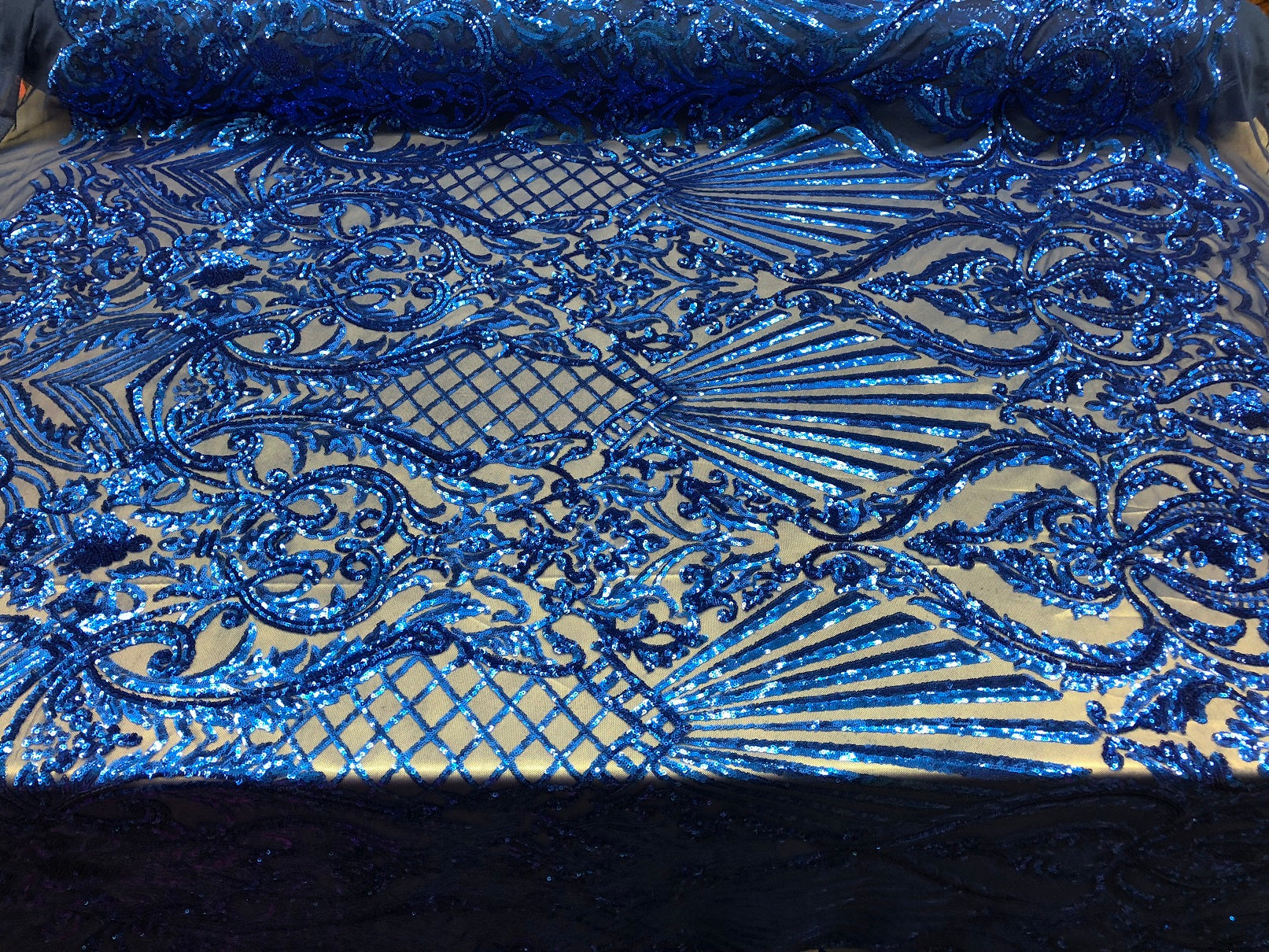4 Way Stretch Damask Pattern Sequins Fabric Royal Fancy Embroidered Mesh Design Fashion By The Yard