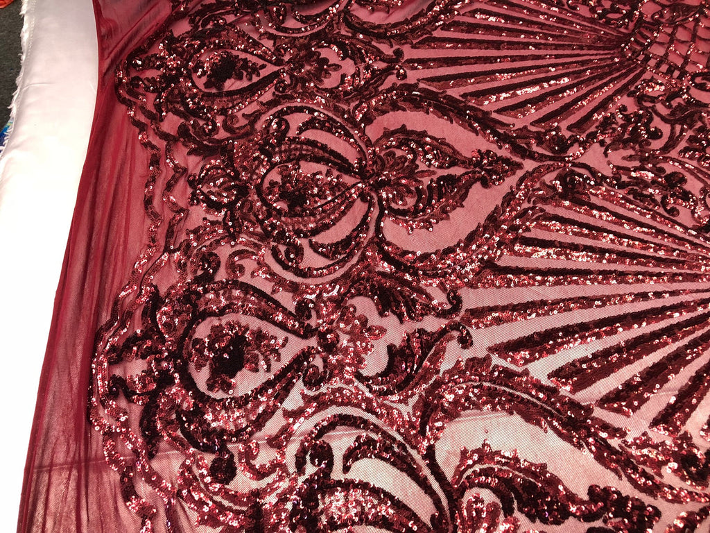 4 Way Stretch Damask Pattern Sequins Fabric Burgundy Fancy Embroidered Mesh Dress-Prom By The Yard
