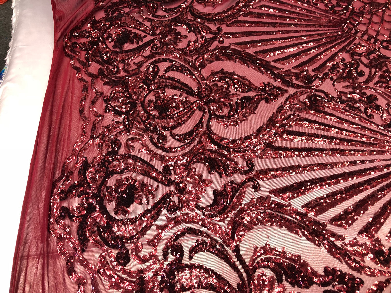 4 Way Stretch Damask Pattern Sequins Fabric Burgundy Fancy Embroidered Mesh Dress-Prom By The Yard